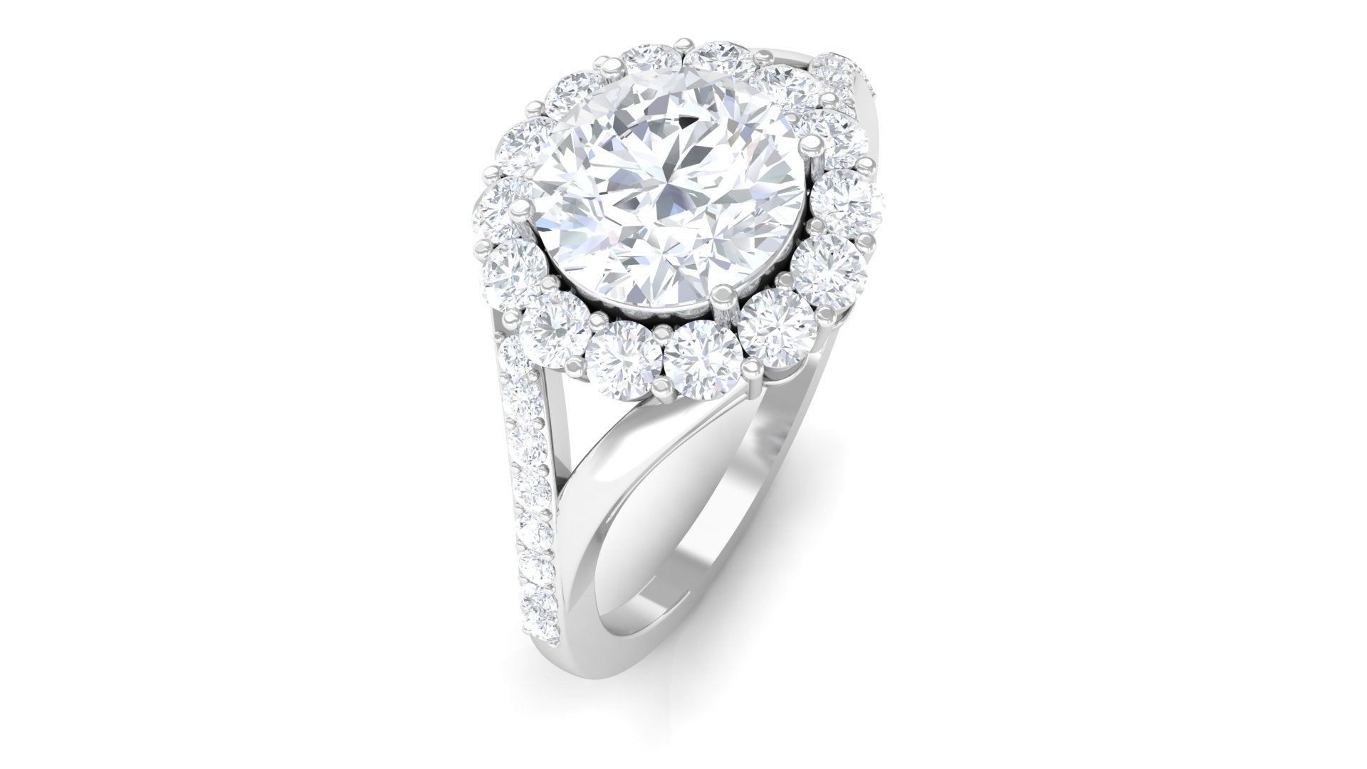 Round Zircon Halo Engagement Ring with Split Shank Zircon - ( AAAA ) - Quality - Rosec Jewels