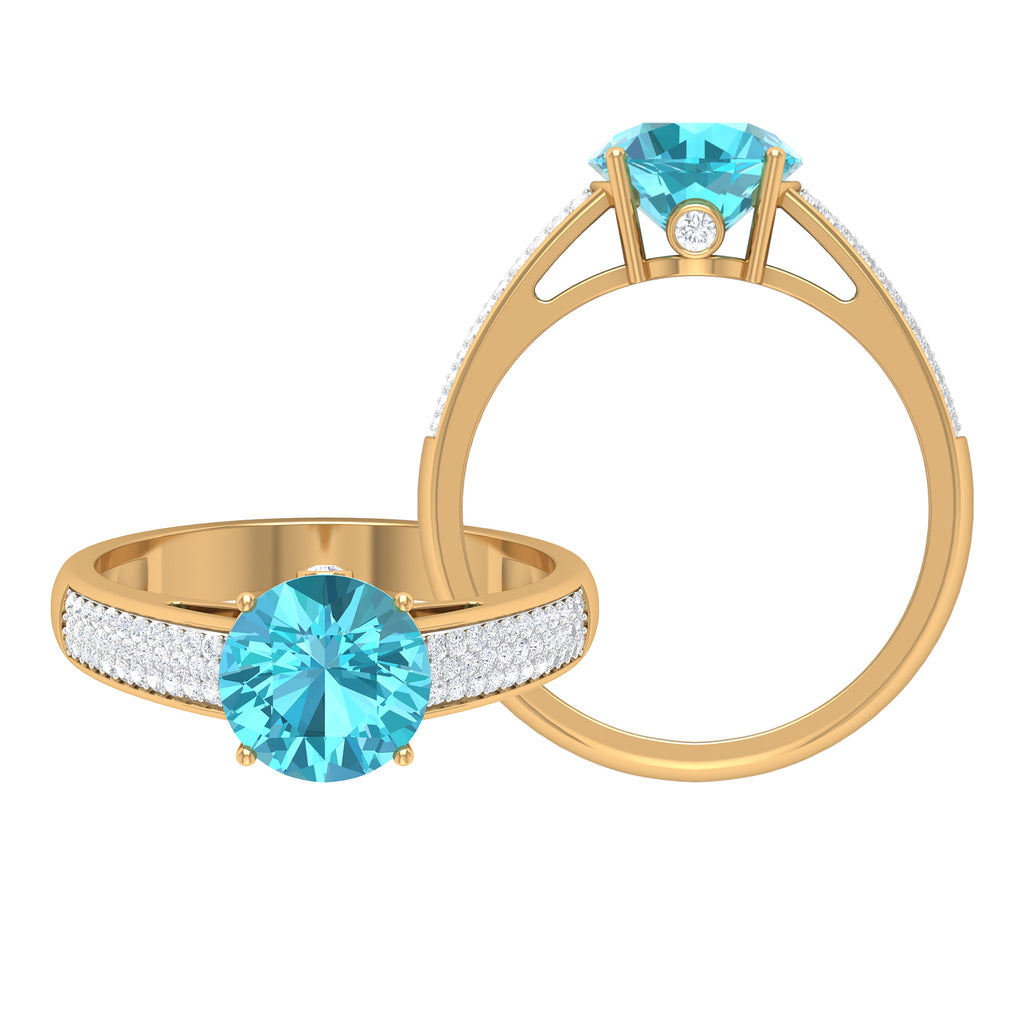 8 MM Prong Set Round Shape Swiss Blue Topaz Solitaire Ring with Pave Set and Surprise Diamond Swiss Blue Topaz - ( AAA ) - Quality - Rosec Jewels
