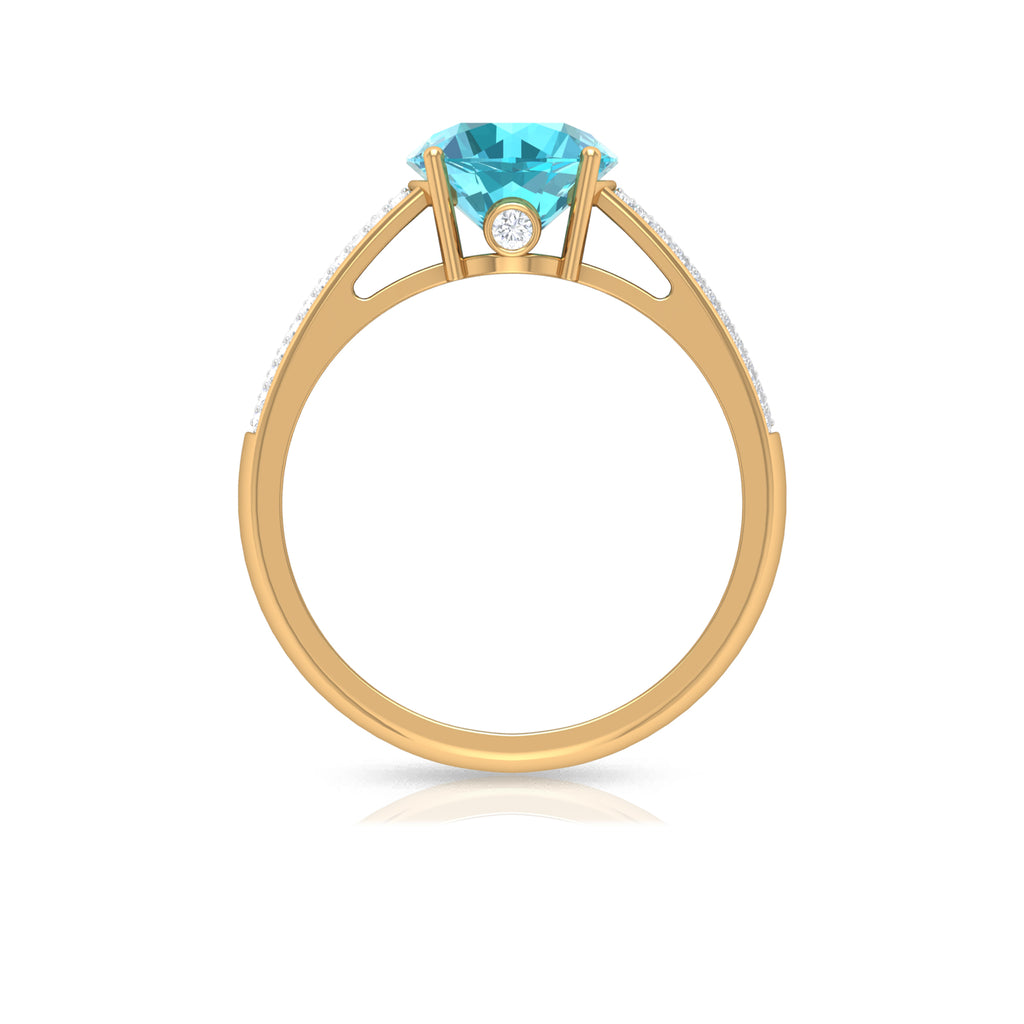 8 MM Prong Set Round Shape Swiss Blue Topaz Solitaire Ring with Pave Set and Surprise Diamond Swiss Blue Topaz - ( AAA ) - Quality - Rosec Jewels