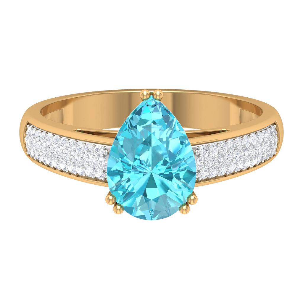 Solitaire Ring with 7X10 MM Pear Cut Swiss Blue Topaz in Double Prong Setting and Diamond in Pave Setting Swiss Blue Topaz - ( AAA ) - Quality - Rosec Jewels