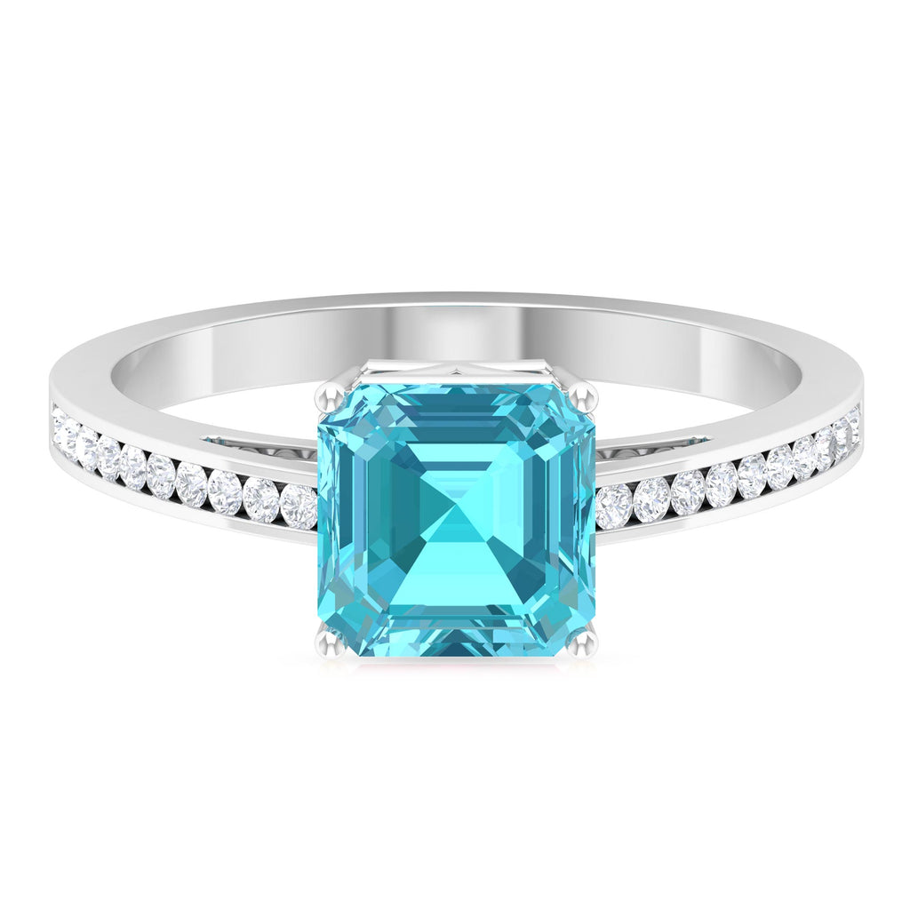 Solitaire Ring with 7 MM Asscher Cut Swiss Blue Topaz in 4 Prong Setting and Diamond in Channel Setting Swiss Blue Topaz - ( AAA ) - Quality - Rosec Jewels