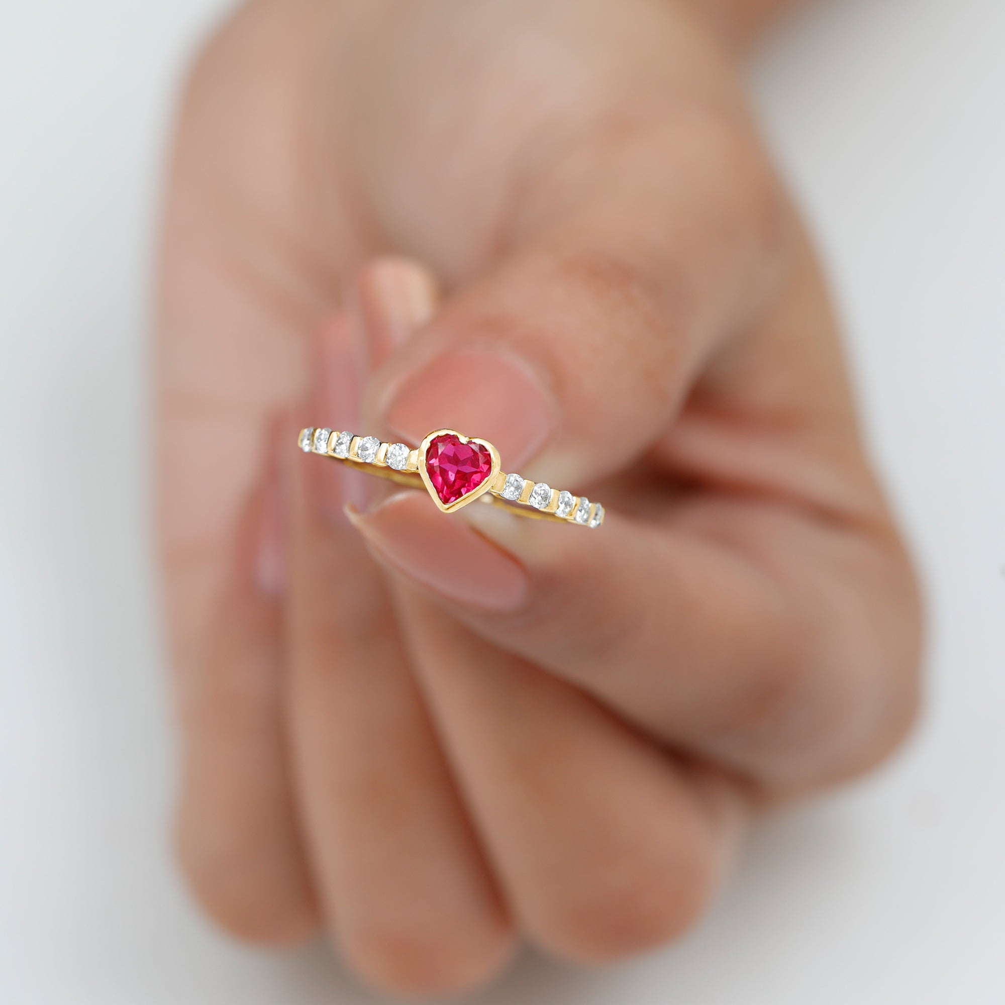 1 CT Heart Shape Created Ruby Solitaire Engagement Ring with Diamond Lab Created Ruby - ( AAAA ) - Quality - Rosec Jewels