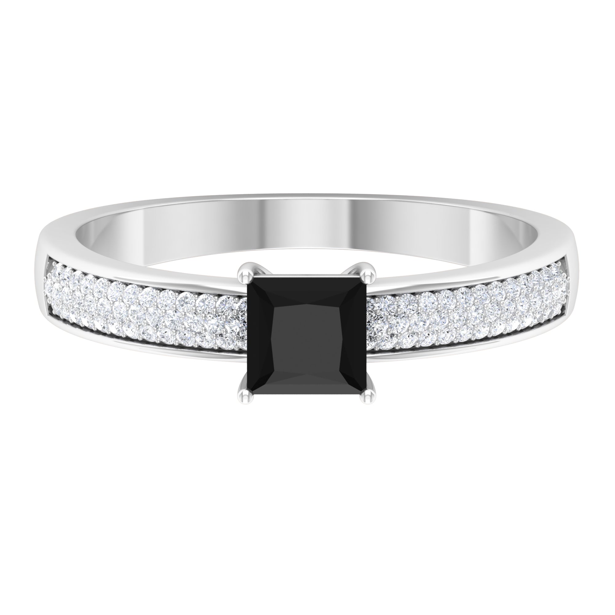 Princess Cut Black Spinel Engagement Ring with Diamond Side Stones Black Spinel - ( AAA ) - Quality - Rosec Jewels