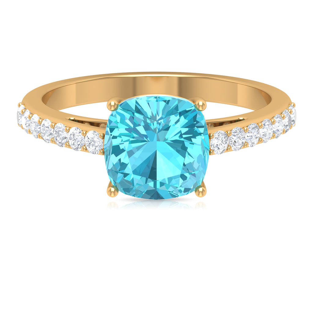 Cushion Cut Swiss Blue Topaz Solitaire Ring in Basket Setting with Surface Prong Set Diamond Swiss Blue Topaz - ( AAA ) - Quality - Rosec Jewels