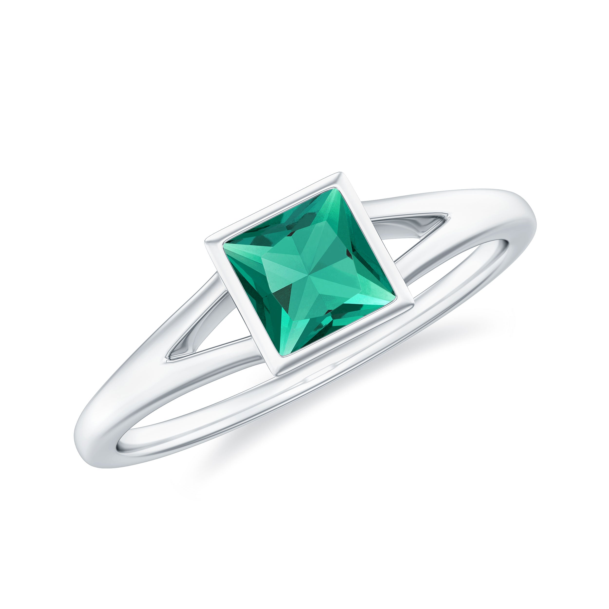 Princess Cut Lab Grown Emerald Solitaire Ring with Split Shank Lab Created Emerald - ( AAAA ) - Quality - Rosec Jewels