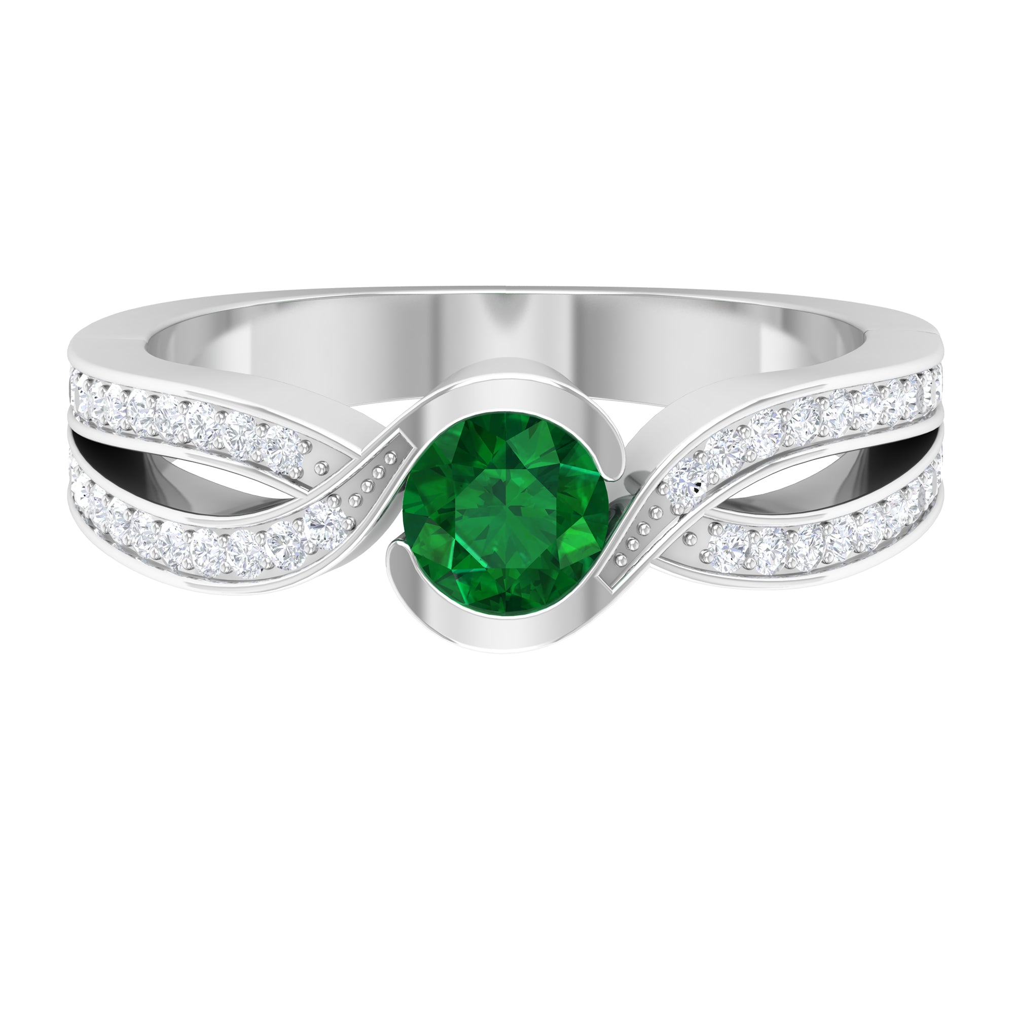 Emerald and Diamond Solitaire Bypass Ring Emerald - ( AAA ) - Quality - Rosec Jewels