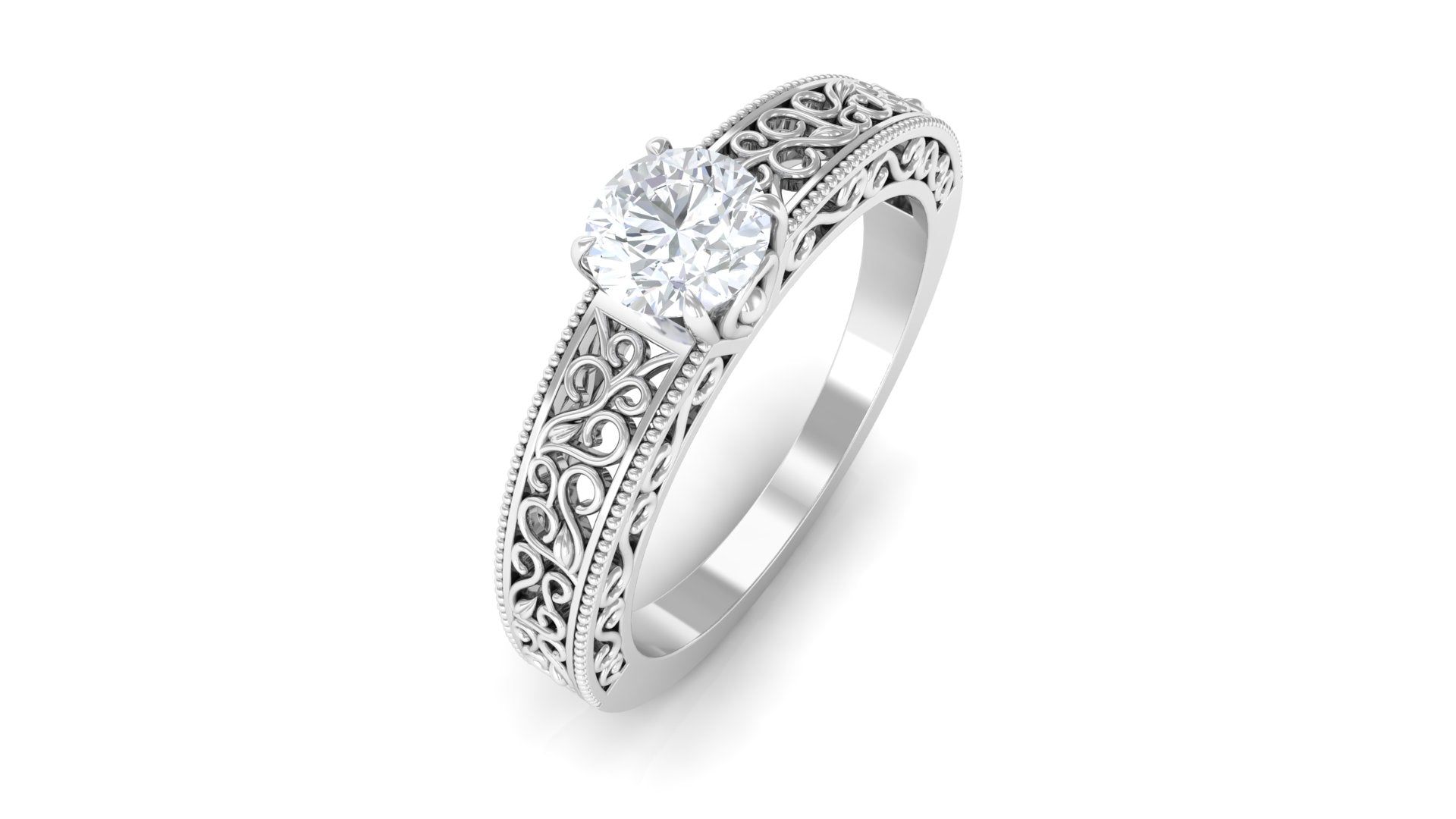 5 MM Round Cut Moissanite Solitaire Filigree Ring in Claw Setting Moissanite - ( D-VS1 ) - Color and Clarity - Rosec Jewels
