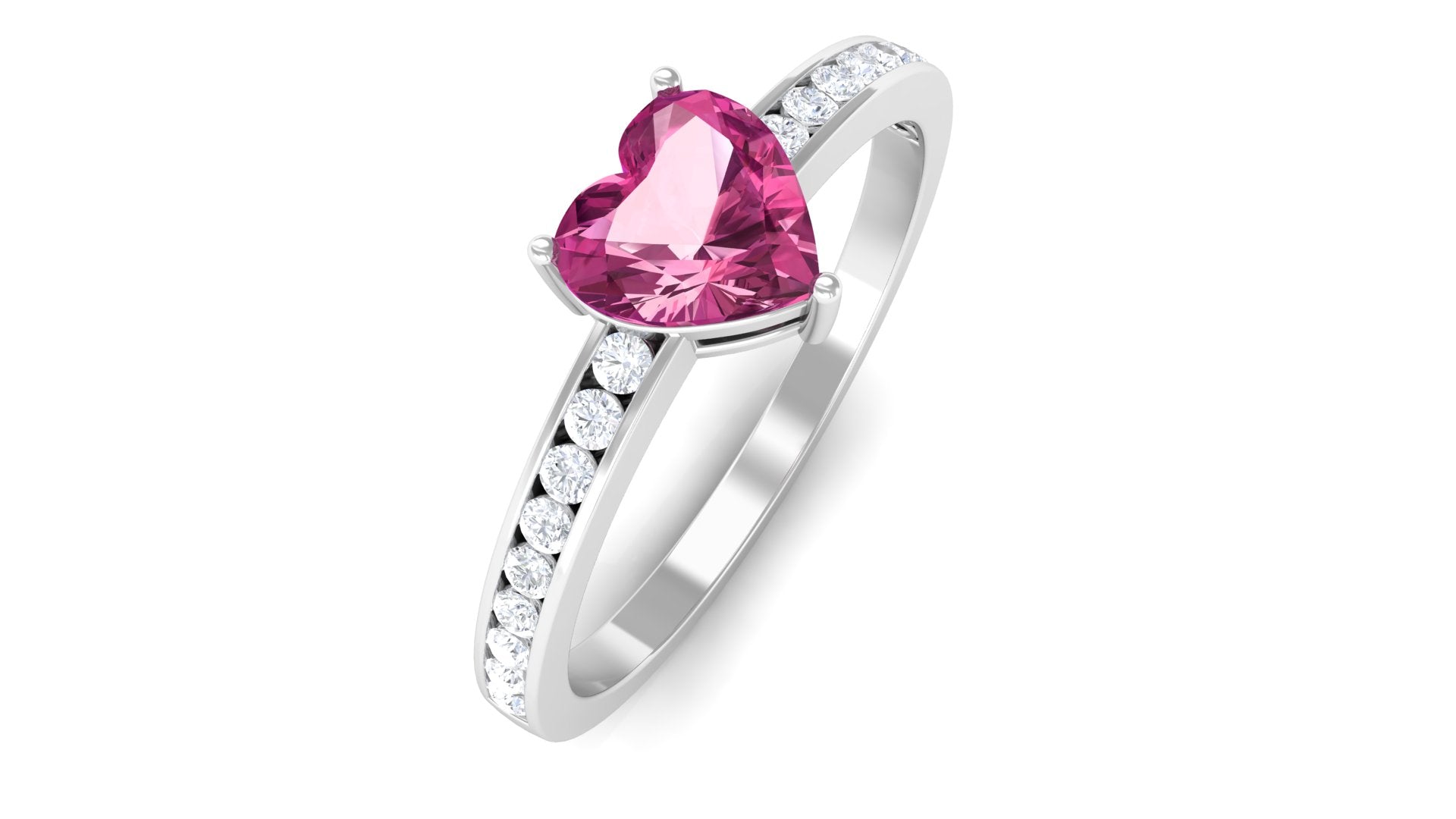 1 CT Heart Shape Pink Tourmaline Solitaire Ring with Diamond Side Stones Pink Tourmaline - ( AAA ) - Quality - Rosec Jewels