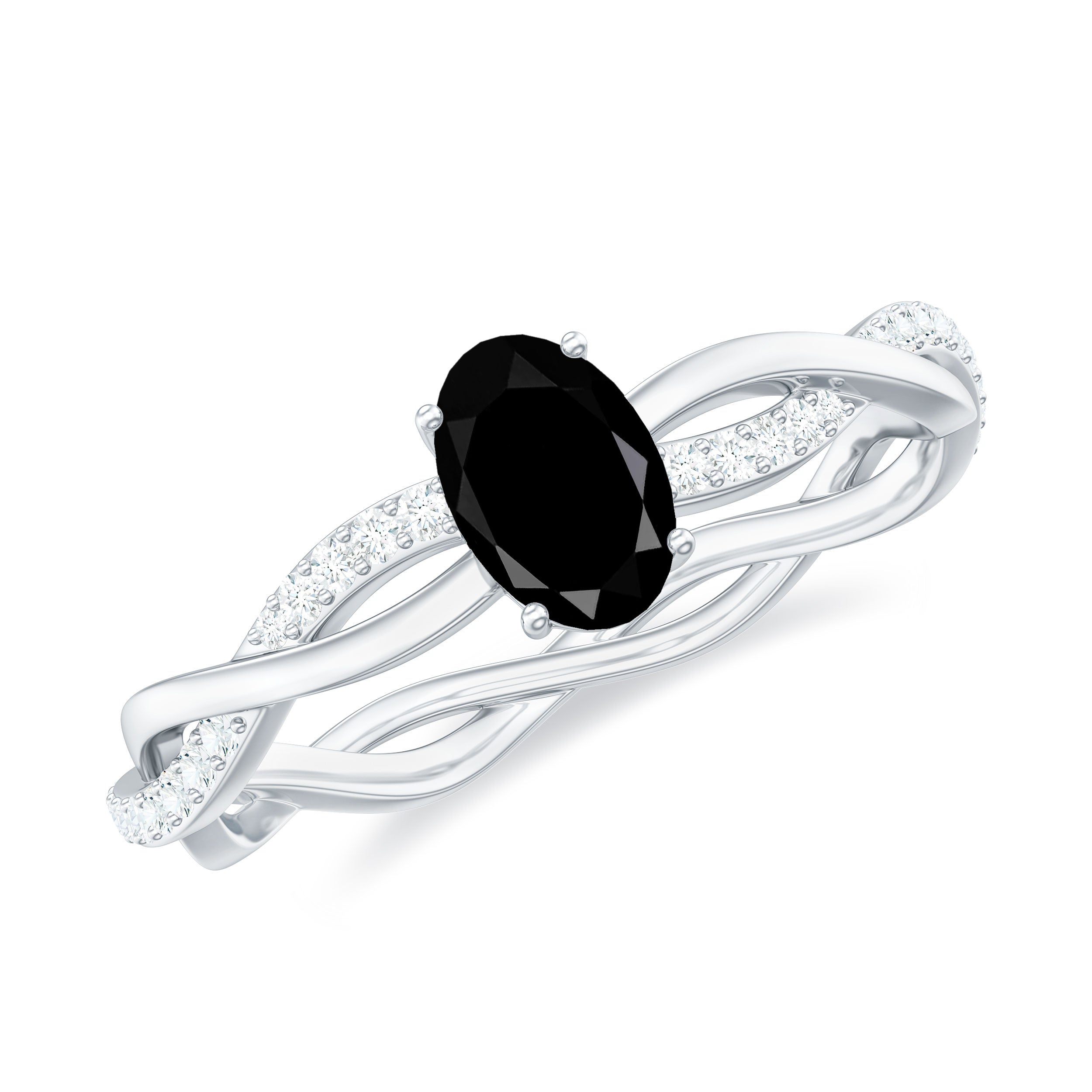 Oval Cut Black Diamond Solitaire Braided Ring with White Diamond Black Diamond - ( AAA ) - Quality - Rosec Jewels