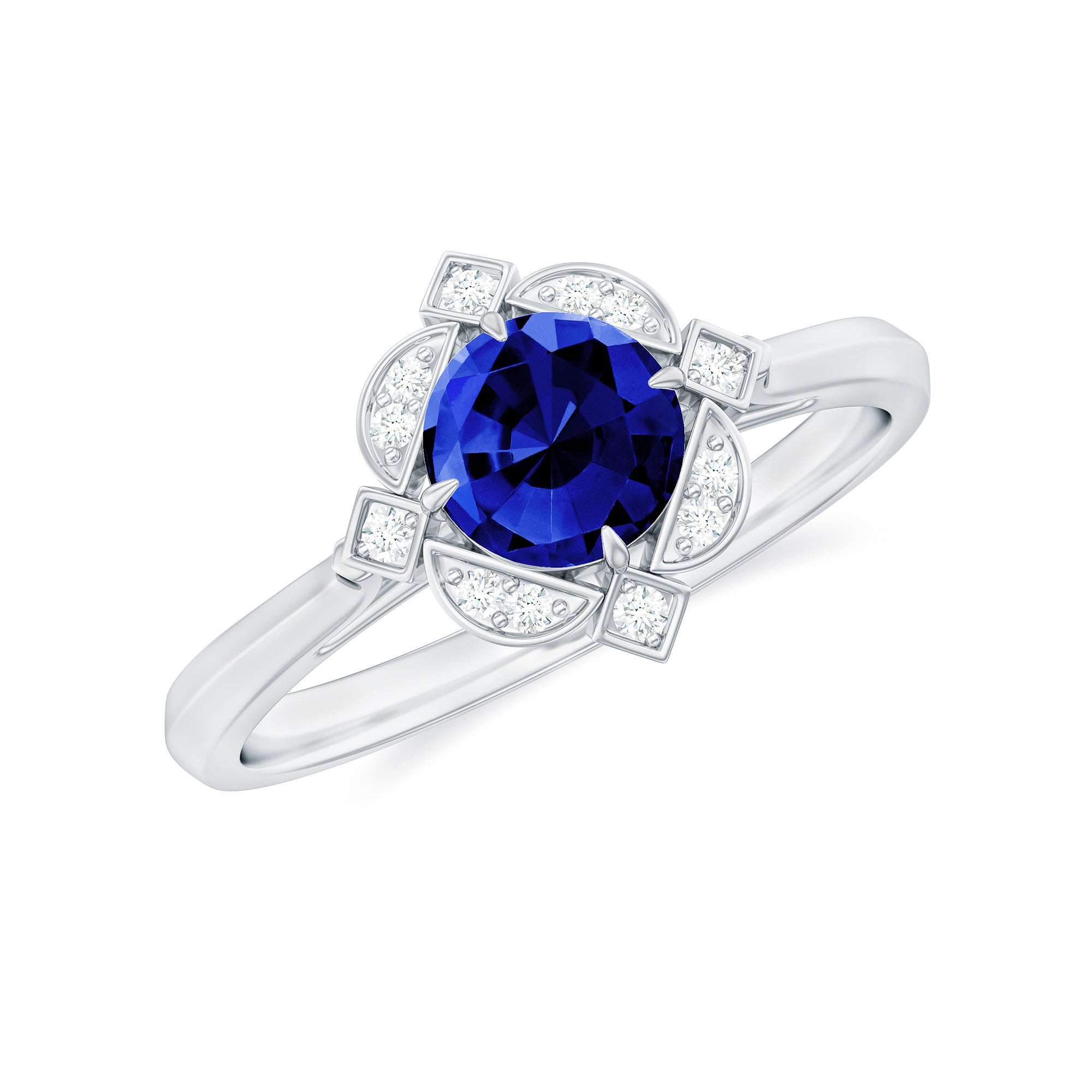 3/4 CT Vintage Created Blue Sapphire and Diamond Engagement Ring Lab Created Blue Sapphire - ( AAAA ) - Quality - Rosec Jewels