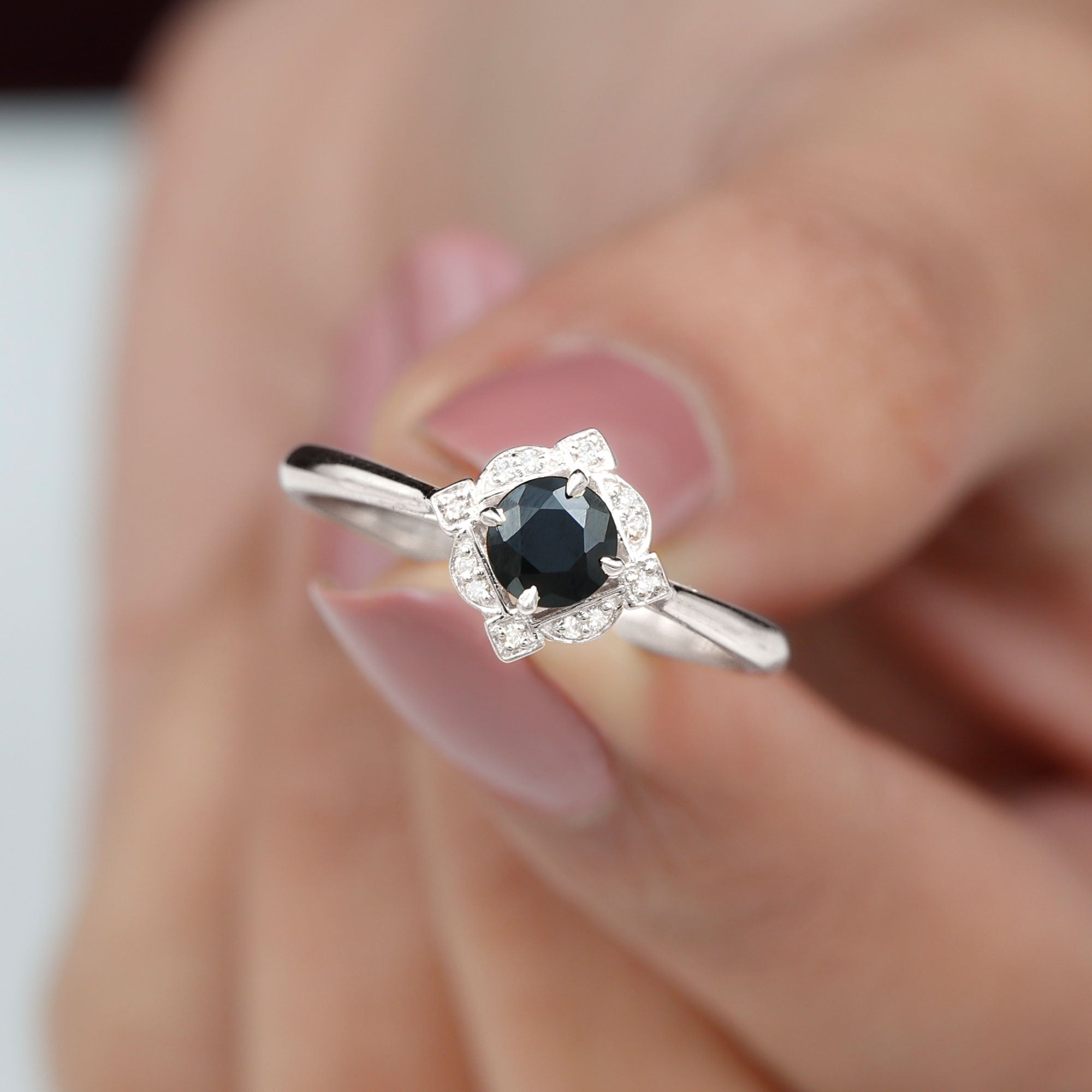 Vintage Inspired Black and White Diamond Engagement Ring Black Diamond AAA Quality 92.5 Sterling Silver