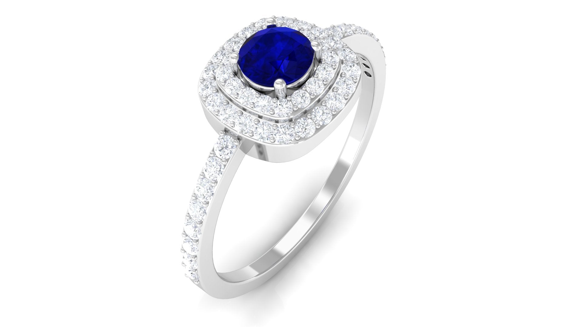 3/4 CT Classic Blue Sapphire Double Halo Engagement Ring with Diamond Blue Sapphire - ( AAA ) - Quality - Rosec Jewels