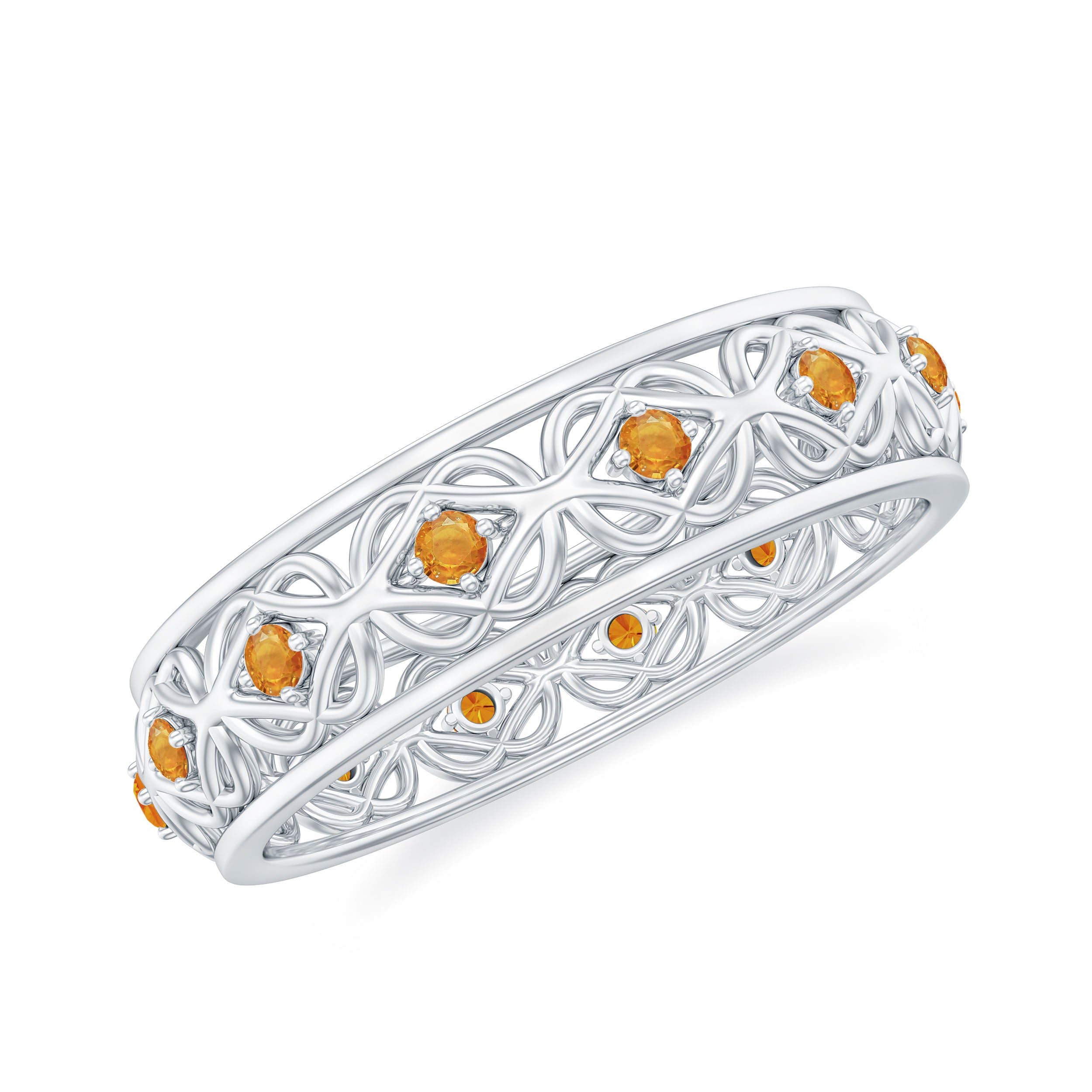 Round Cut Orange Sapphire Band Ring with Celtic Details Orange Sapphire - ( AAA ) - Quality - Rosec Jewels