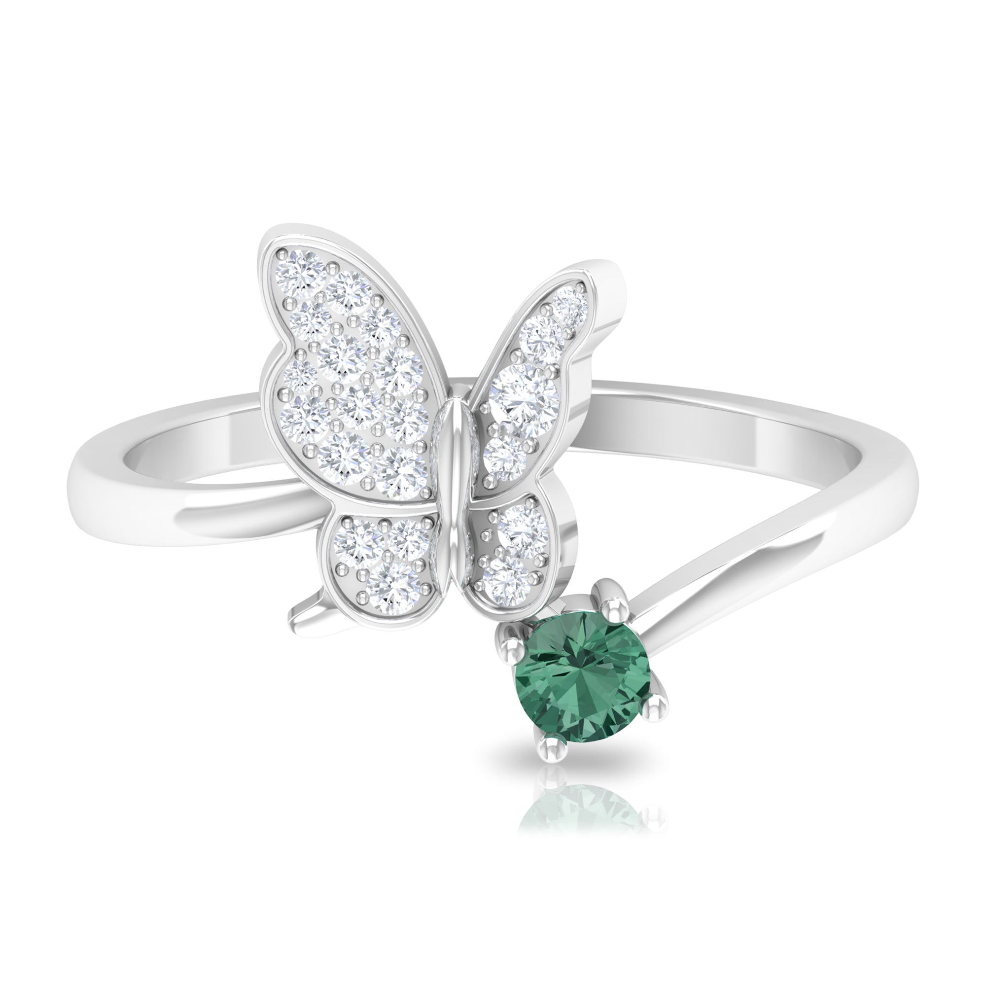 Round Green Sapphire and Diamond Butterfly Ring Green Sapphire - ( AAA ) - Quality - Rosec Jewels