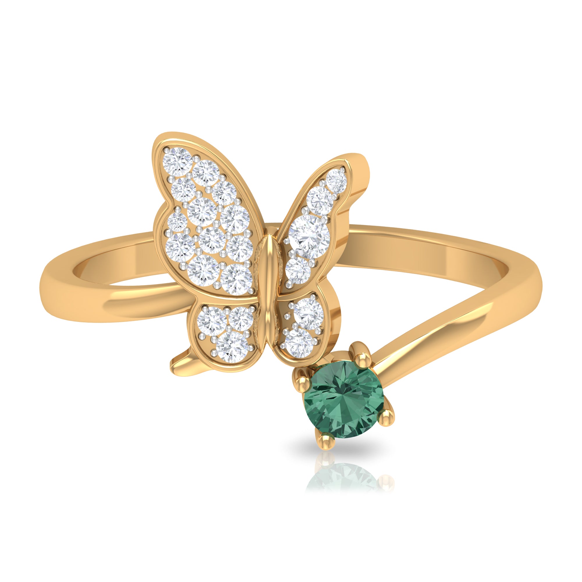 Round Green Sapphire and Diamond Butterfly Ring Green Sapphire - ( AAA ) - Quality - Rosec Jewels