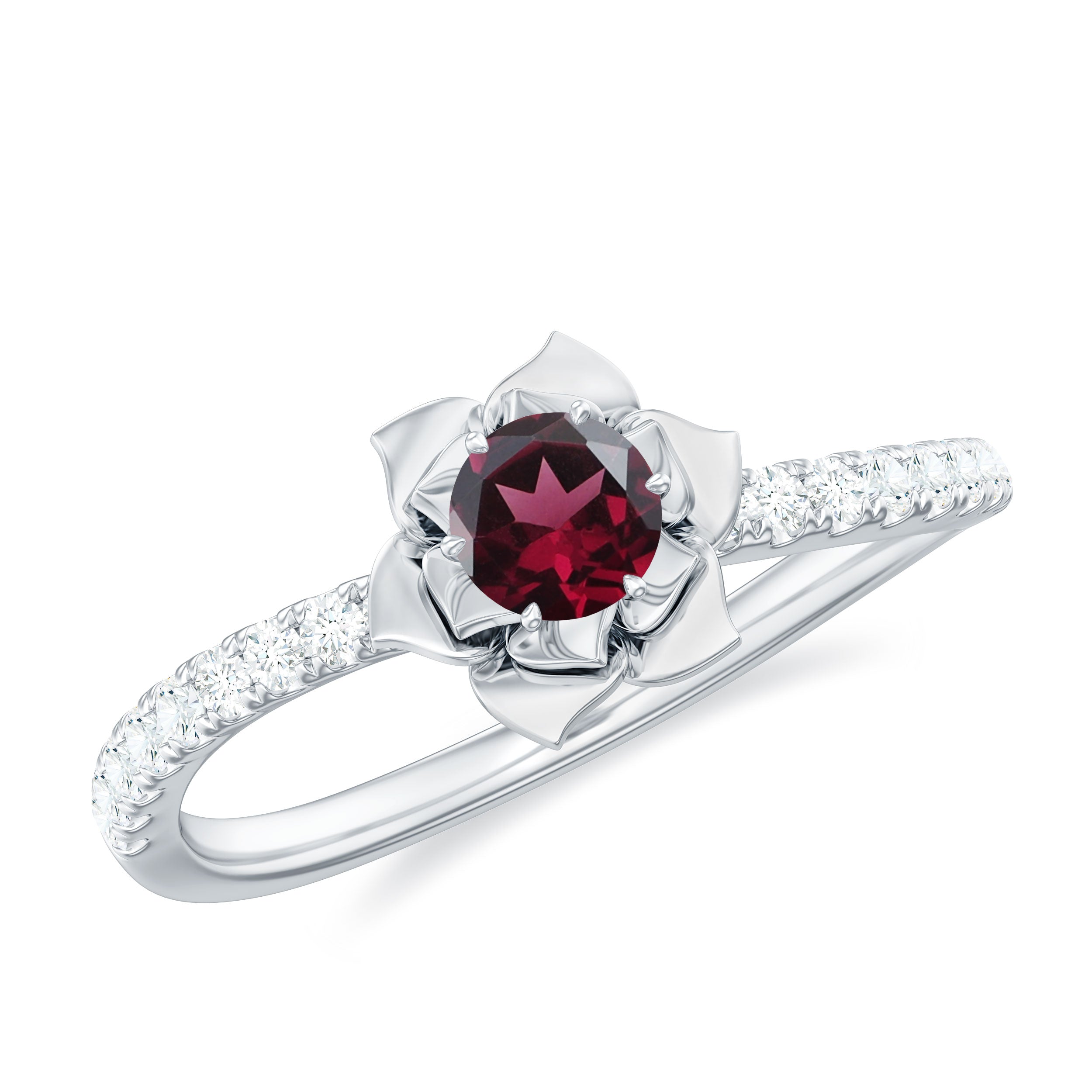 0.50 CT Real Rhodolite Floral Engagement Ring with Diamond Side Stones Rhodolite - ( AAA ) - Quality - Rosec Jewels