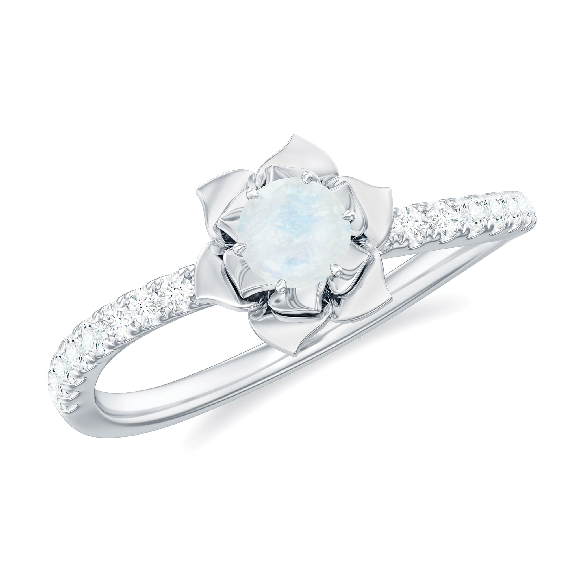 Moonstone and Diamond Flower Engagement Ring Moonstone - ( AAA ) - Quality - Rosec Jewels
