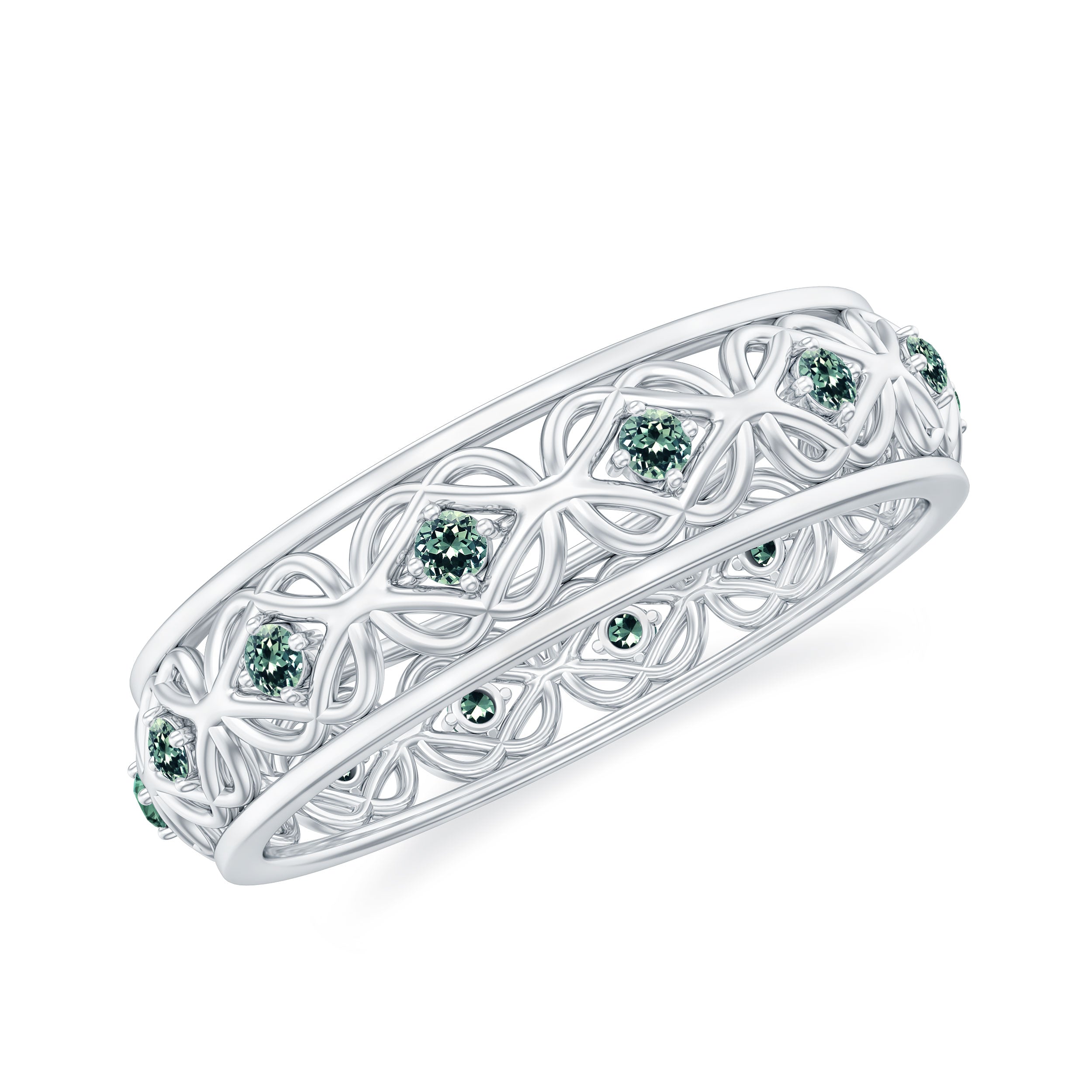 Vintage Inspired Created Green Sapphire Celtic Band Ring Lab Created Green Sapphire - ( AAAA ) - Quality - Rosec Jewels