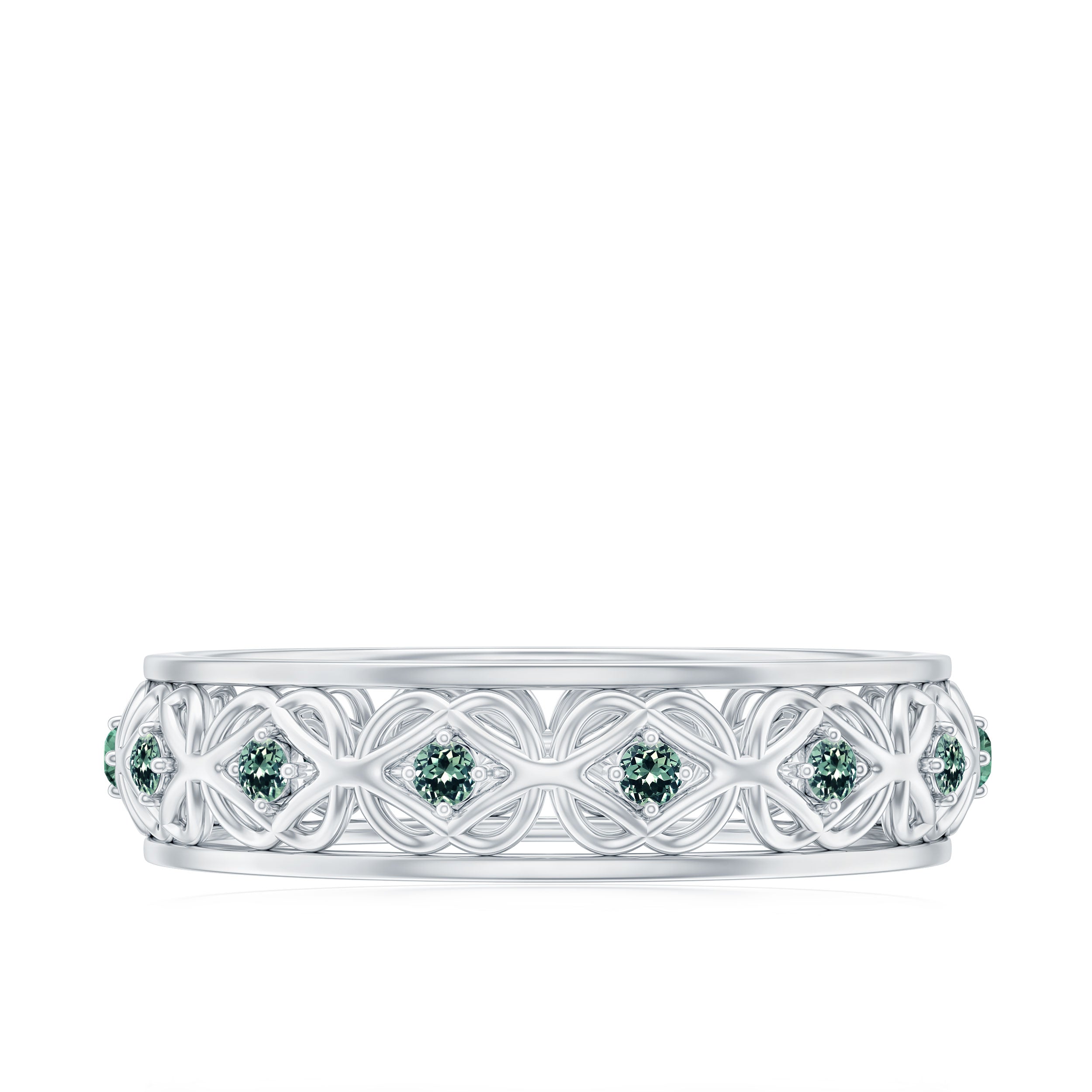 Vintage Inspired Created Green Sapphire Celtic Band Ring Lab Created Green Sapphire - ( AAAA ) - Quality - Rosec Jewels