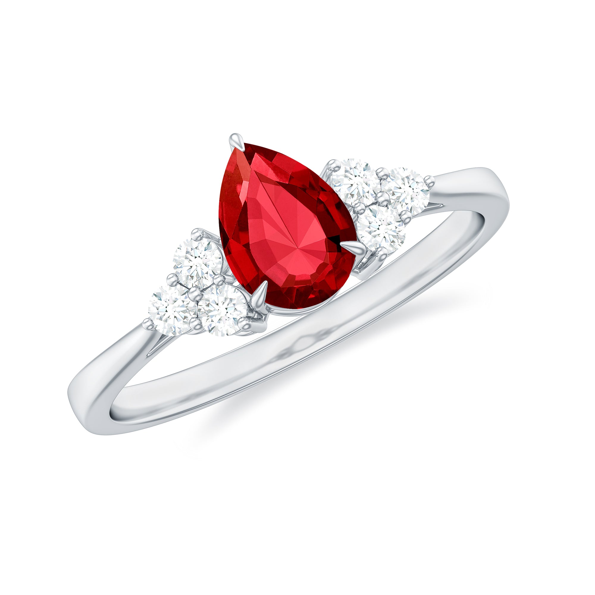 Pear Shaped Lab Grown Ruby Solitaire Ring with Diamond Trio Lab Created Ruby - ( AAAA ) - Quality - Rosec Jewels