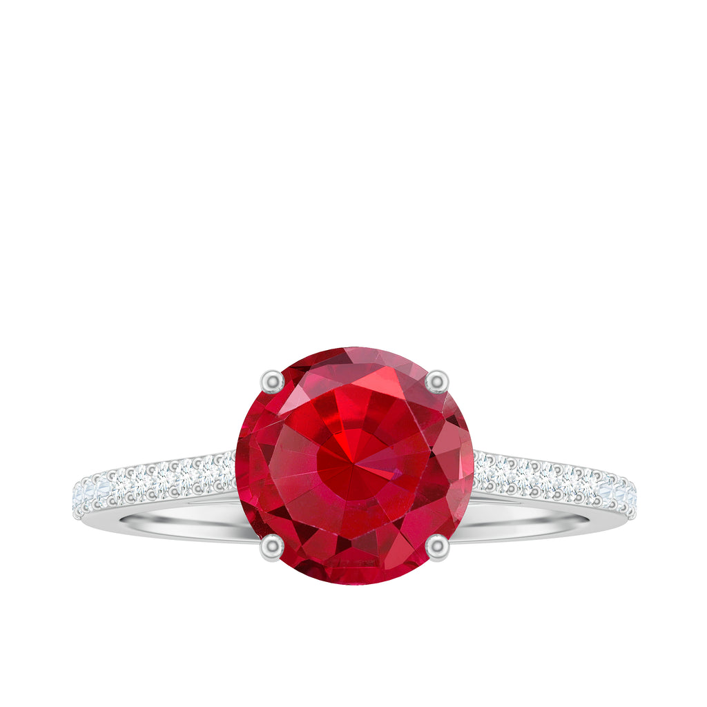 2.5 CT Created Ruby Solitaire Engagement Ring with Diamond Side Stones Lab Created Ruby - ( AAAA ) - Quality - Rosec Jewels