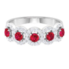 Classic Lab Grown Ruby and Diamond Halo Half Eternity Ring Lab Created Ruby - ( AAAA ) - Quality - Rosec Jewels