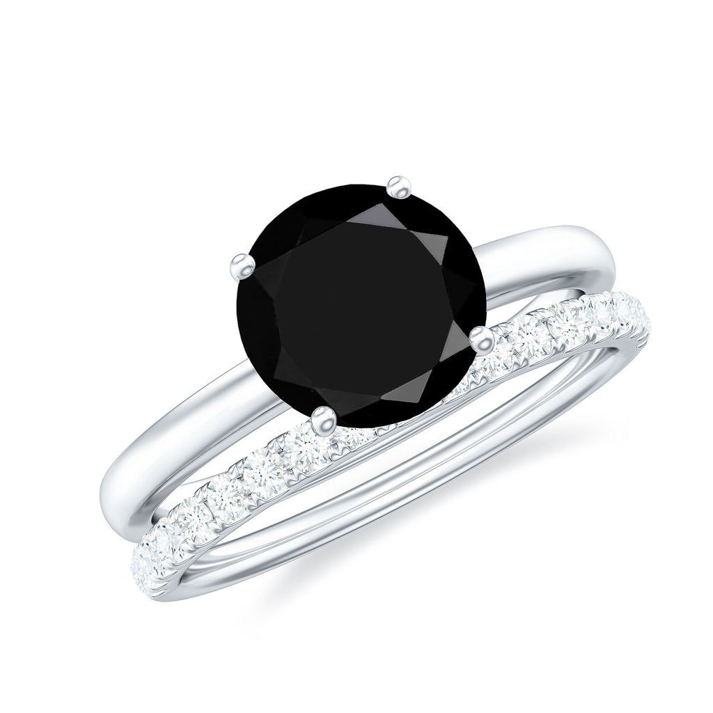 2 CT Solitaire Black Spinel Wedding Band Ring Set with Diamond Black Spinel - ( AAA ) - Quality - Rosec Jewels