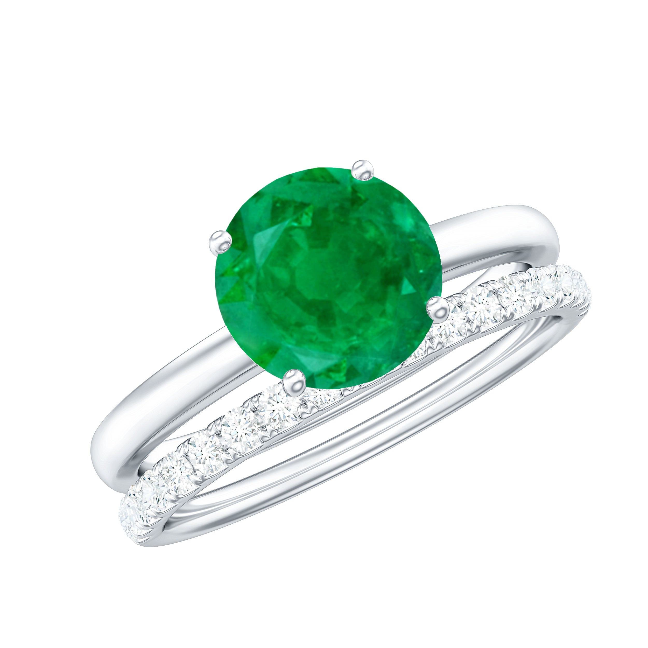 1 CT Green Emerald Solitaire Bridal Ring Set with Diamond Emerald - ( AAA ) - Quality - Rosec Jewels