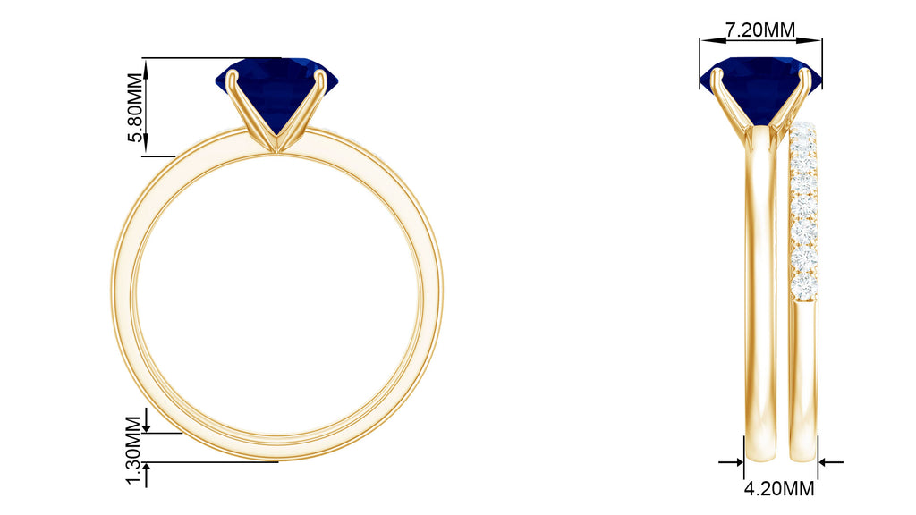 Created Blue Sapphire Solitaire Wedding Ring Set with Diamond Lab Created Blue Sapphire - ( AAAA ) - Quality - Rosec Jewels