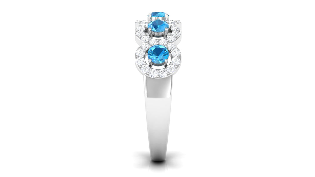 Round Shape Swiss Blue Topaz and Diamond Halo Classic Band Ring in Prong Setting Swiss Blue Topaz - ( AAA ) - Quality - Rosec Jewels