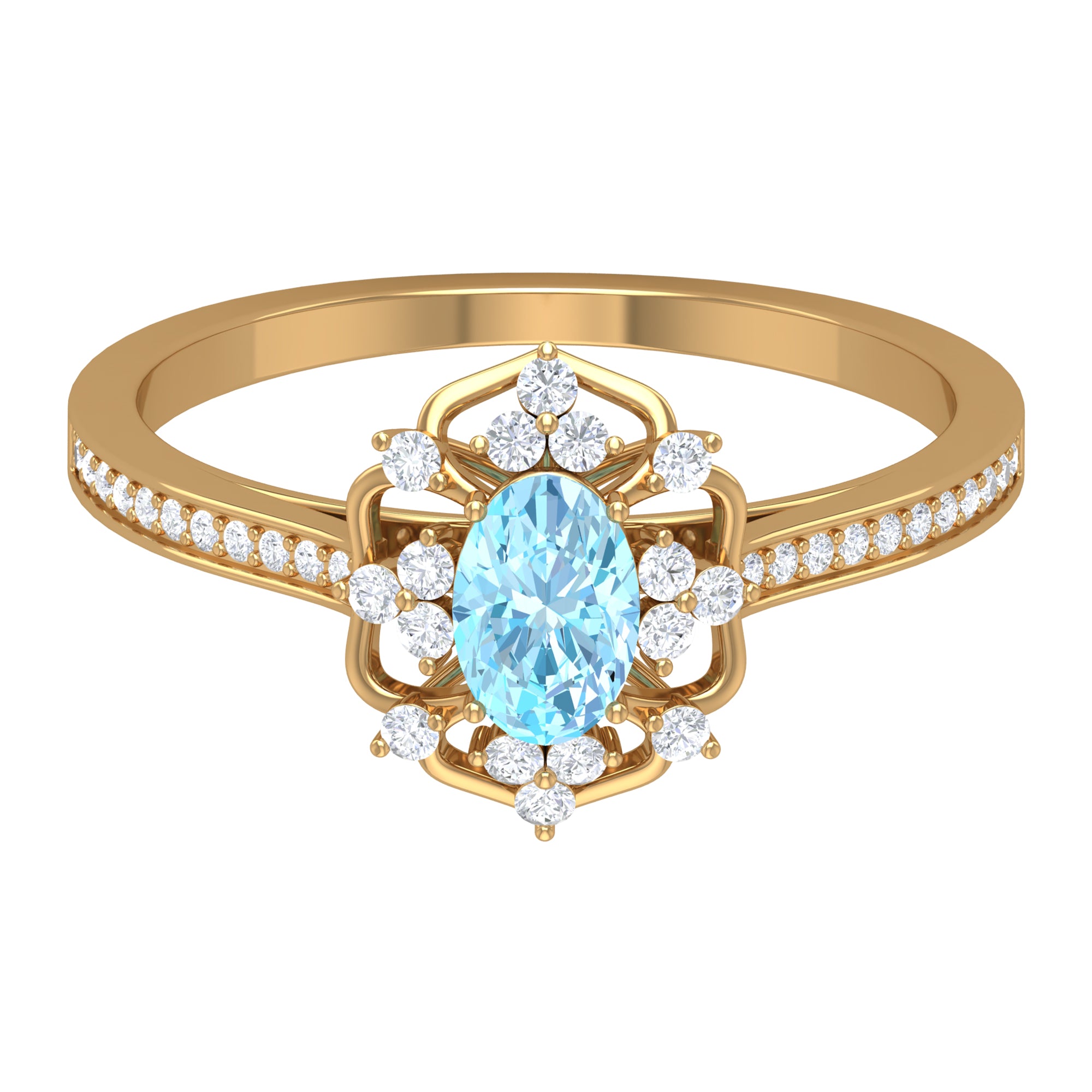 Vintage Style Aquamarine Flower Engagement Ring with Diamond Aquamarine - ( AAA ) - Quality - Rosec Jewels