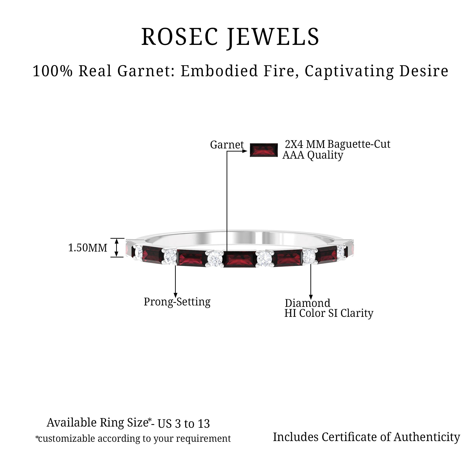 0.75 CT Baguette Garnet and Diamond Half Eternity Stackable Ring Garnet - ( AAA ) - Quality - Rosec Jewels