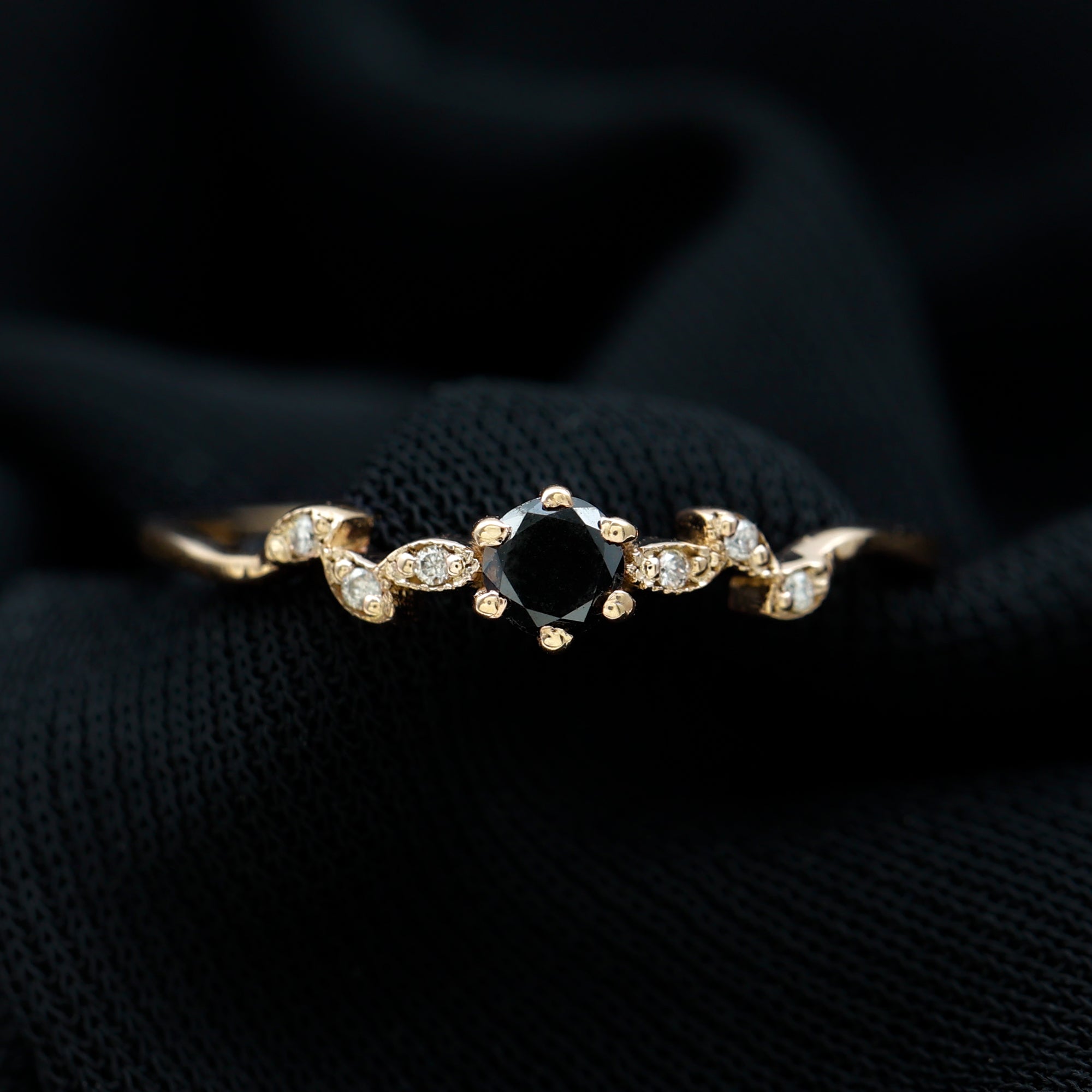 Milgrain Leaf and Dainty Black Spinel Diamond Promise Ring Black Spinel - ( AAA ) - Quality - Rosec Jewels