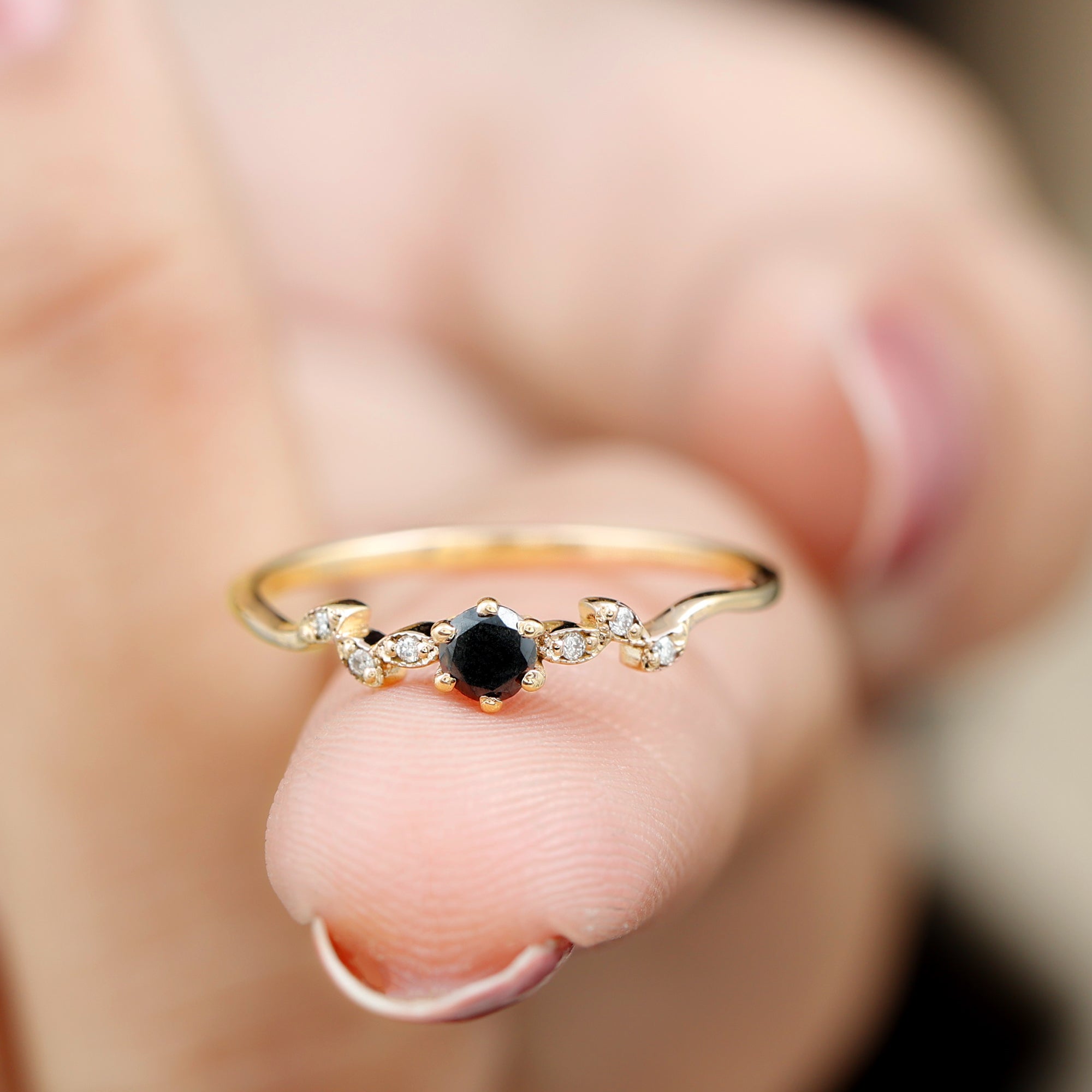 Milgrain Leaf and Dainty Black Spinel Diamond Promise Ring Black Spinel - ( AAA ) - Quality - Rosec Jewels