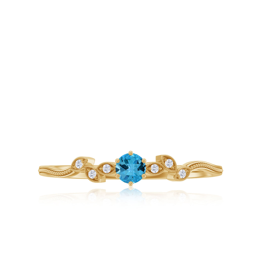 Milgrain Leaf and Dainty Swiss Blue Topaz Diamond Promise Ring Swiss Blue Topaz - ( AAA ) - Quality - Rosec Jewels