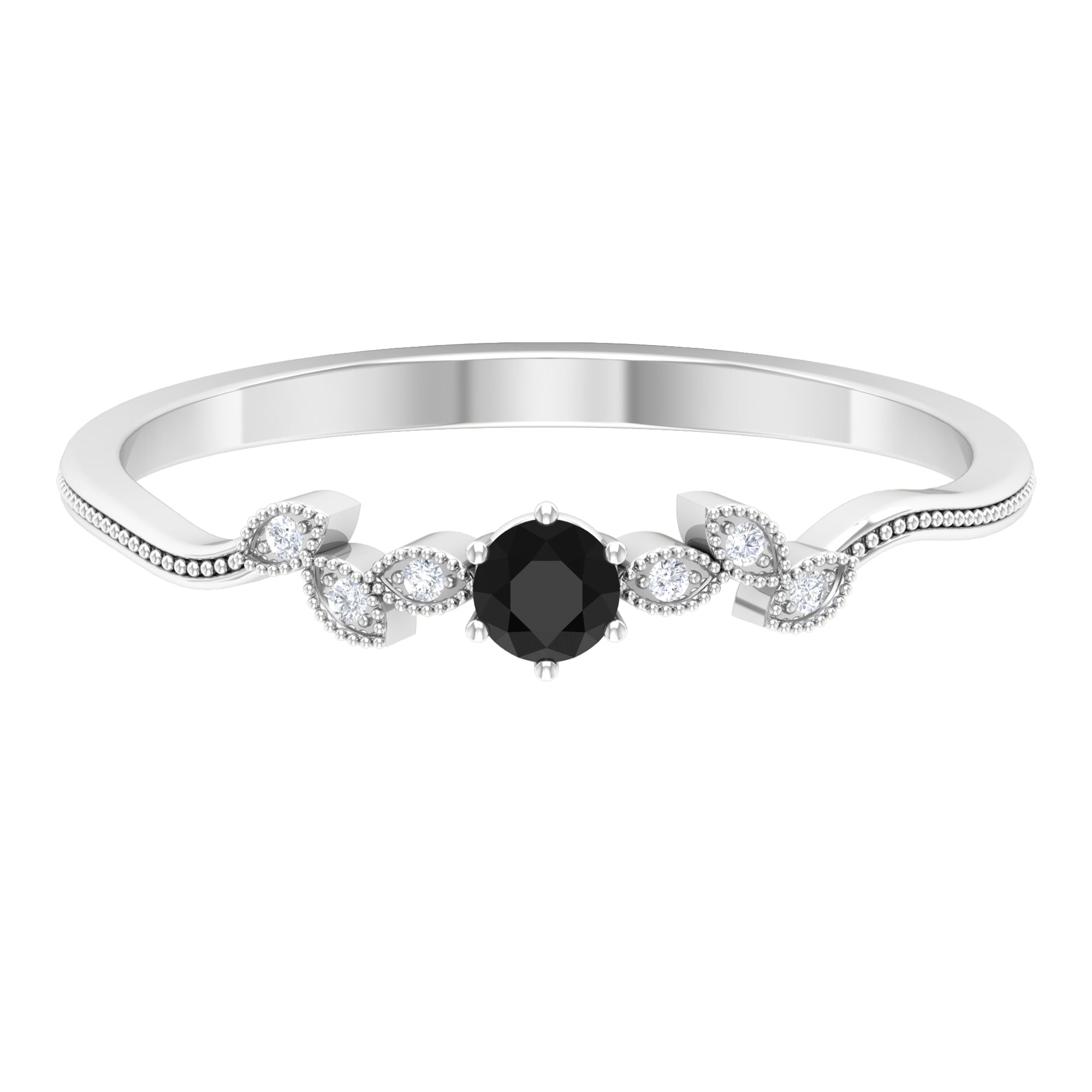 Milgrain Leaf and Dainty Black Onyx Diamond Promise Ring Black Onyx - ( AAA ) - Quality - Rosec Jewels