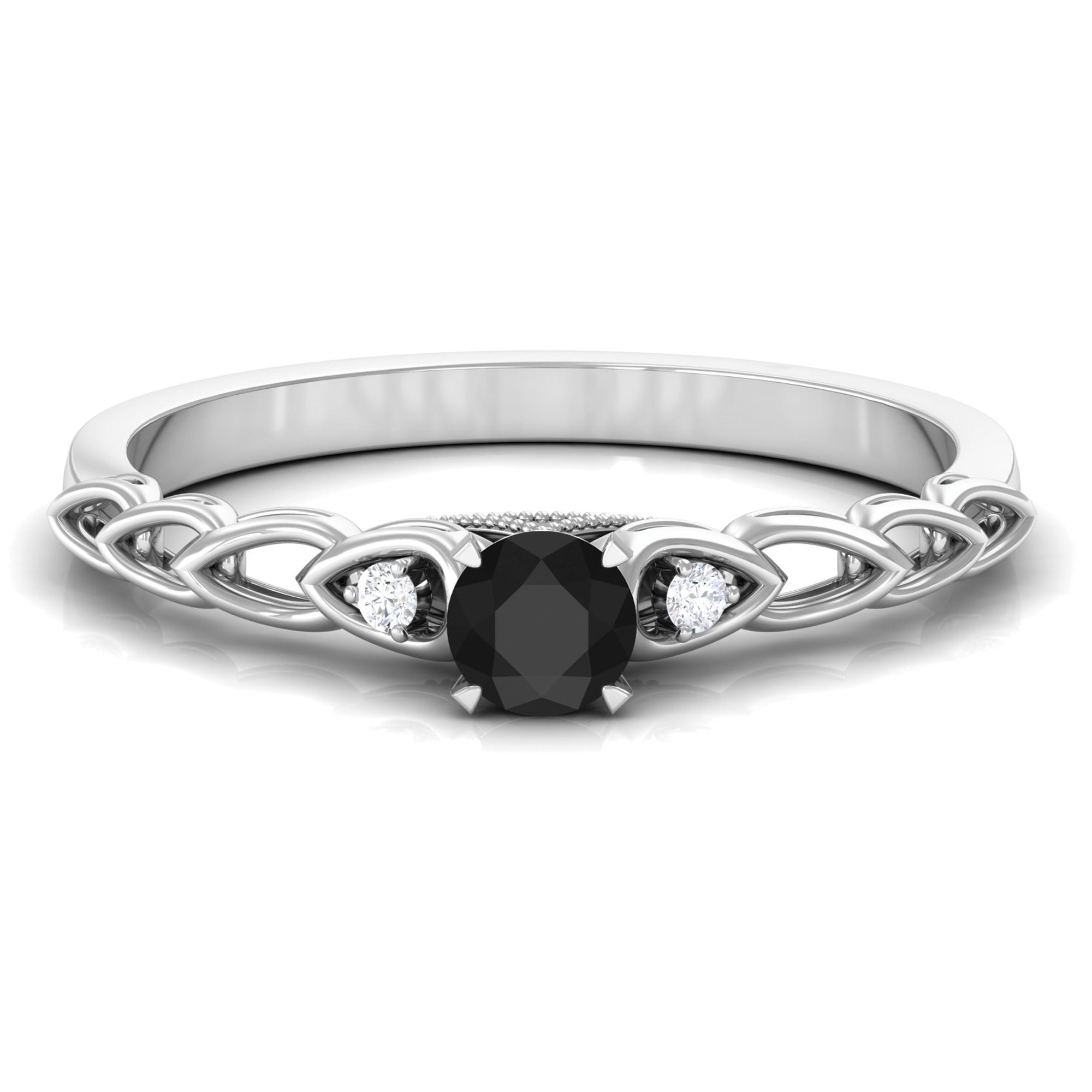 Round Created Black Diamond and Diamond Designer Promise Ring in Gold Lab Created Black Diamond - ( AAAA ) - Quality - Rosec Jewels