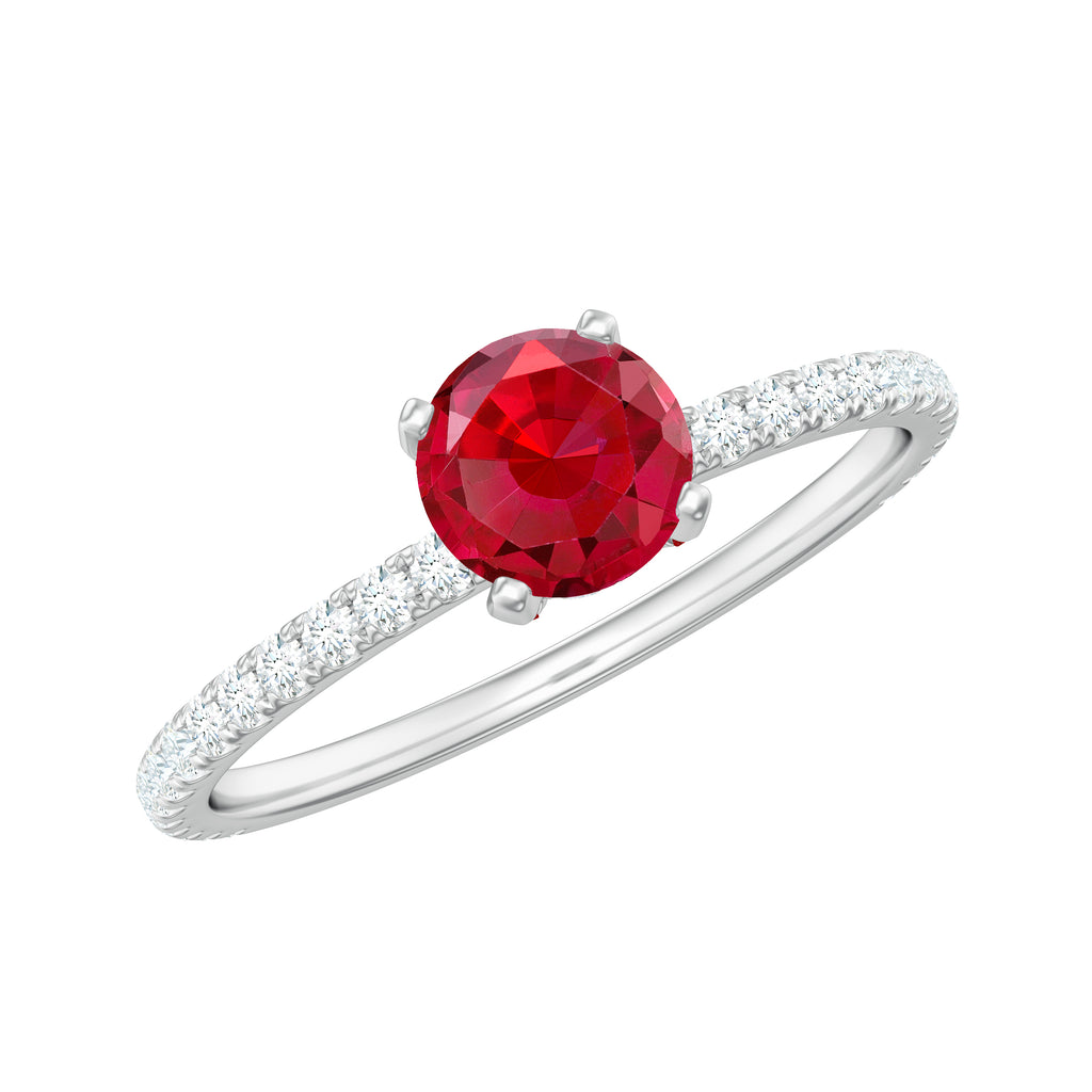 Created Ruby and Diamond Minimal Solitaire Engagement Ring Lab Created Ruby - ( AAAA ) - Quality - Rosec Jewels