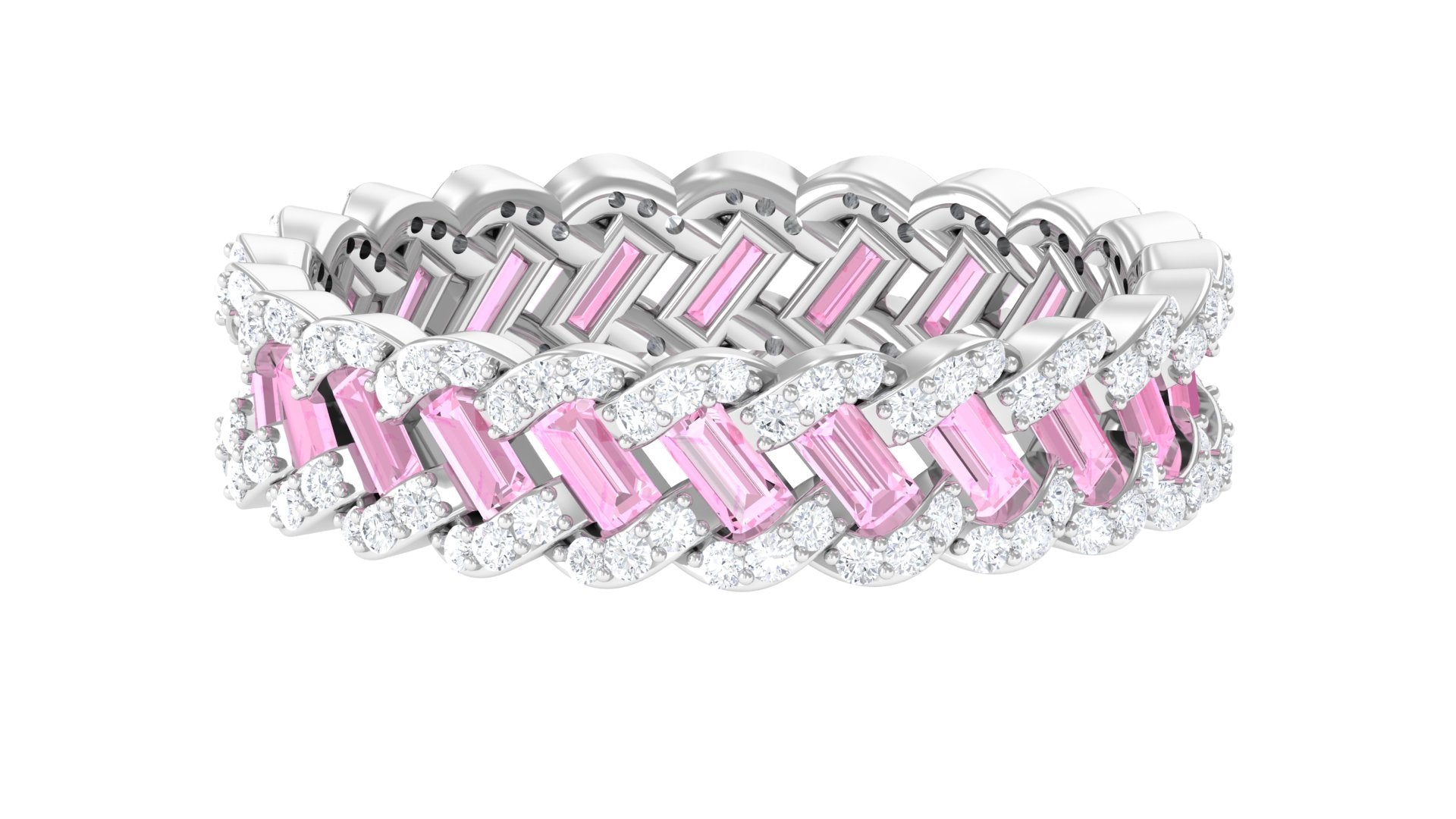 Baguette Lab Grown Pink Sapphire Braided Eternity Anniversary Band with Diamond Lab Created Pink Sapphire - ( AAAA ) - Quality - Rosec Jewels