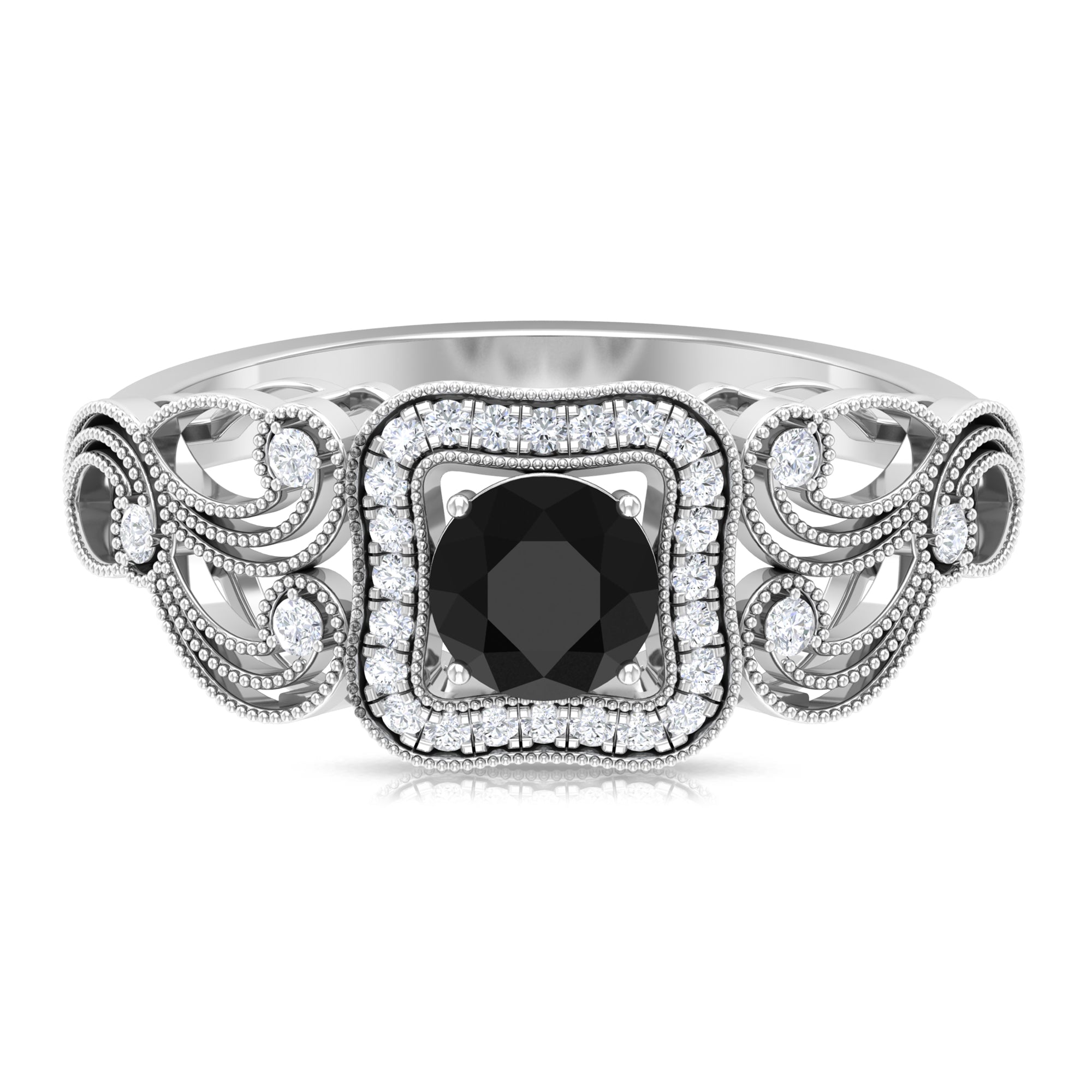 Real Black Spinel Vintage Style Engagement Ring with Diamond Black Spinel - ( AAA ) - Quality - Rosec Jewels