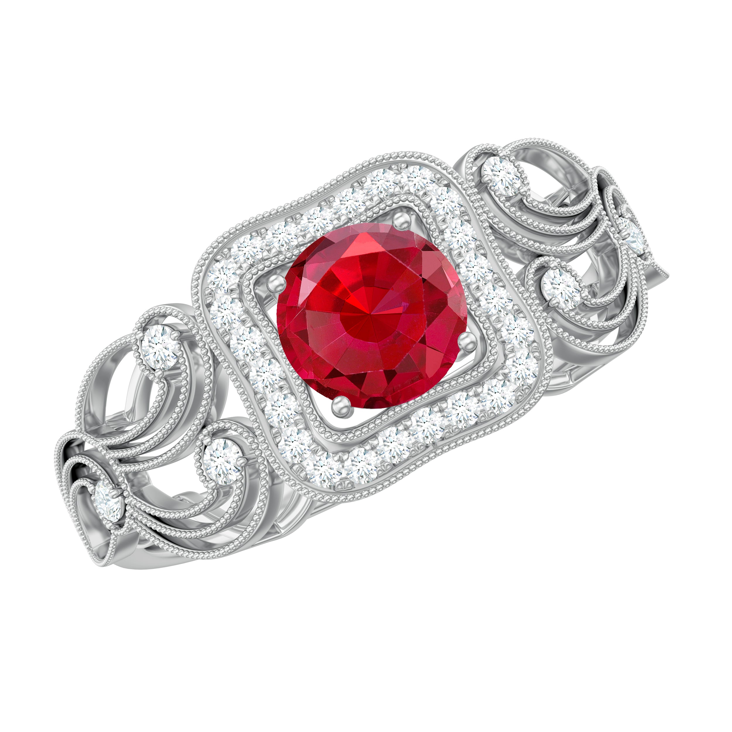 Lab-Created Ruby Vintage Style Engagement Ring with Diamond Lab Created Ruby - ( AAAA ) - Quality - Rosec Jewels