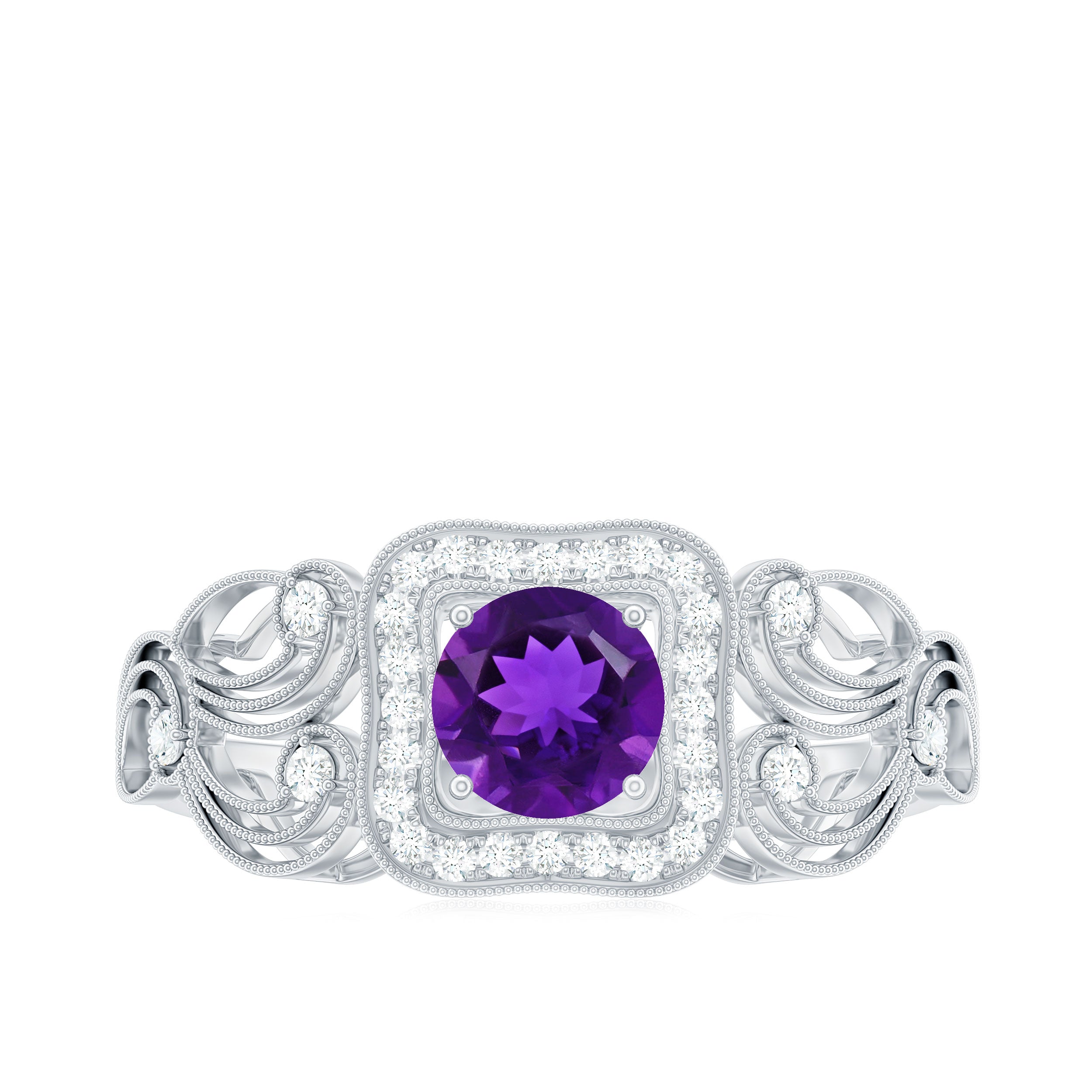 3/4 CT Amethyst and Diamond Art Deco Engagement Ring with Milgrain Details Amethyst - ( AAA ) - Quality - Rosec Jewels