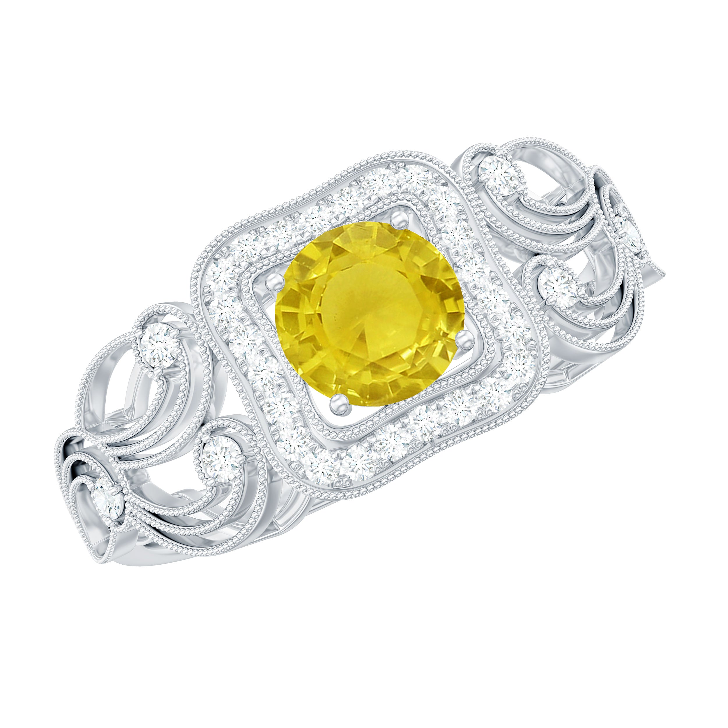 Yellow Sapphire Vintage Engagement Ring with Diamond Halo Yellow Sapphire - ( AAA ) - Quality - Rosec Jewels