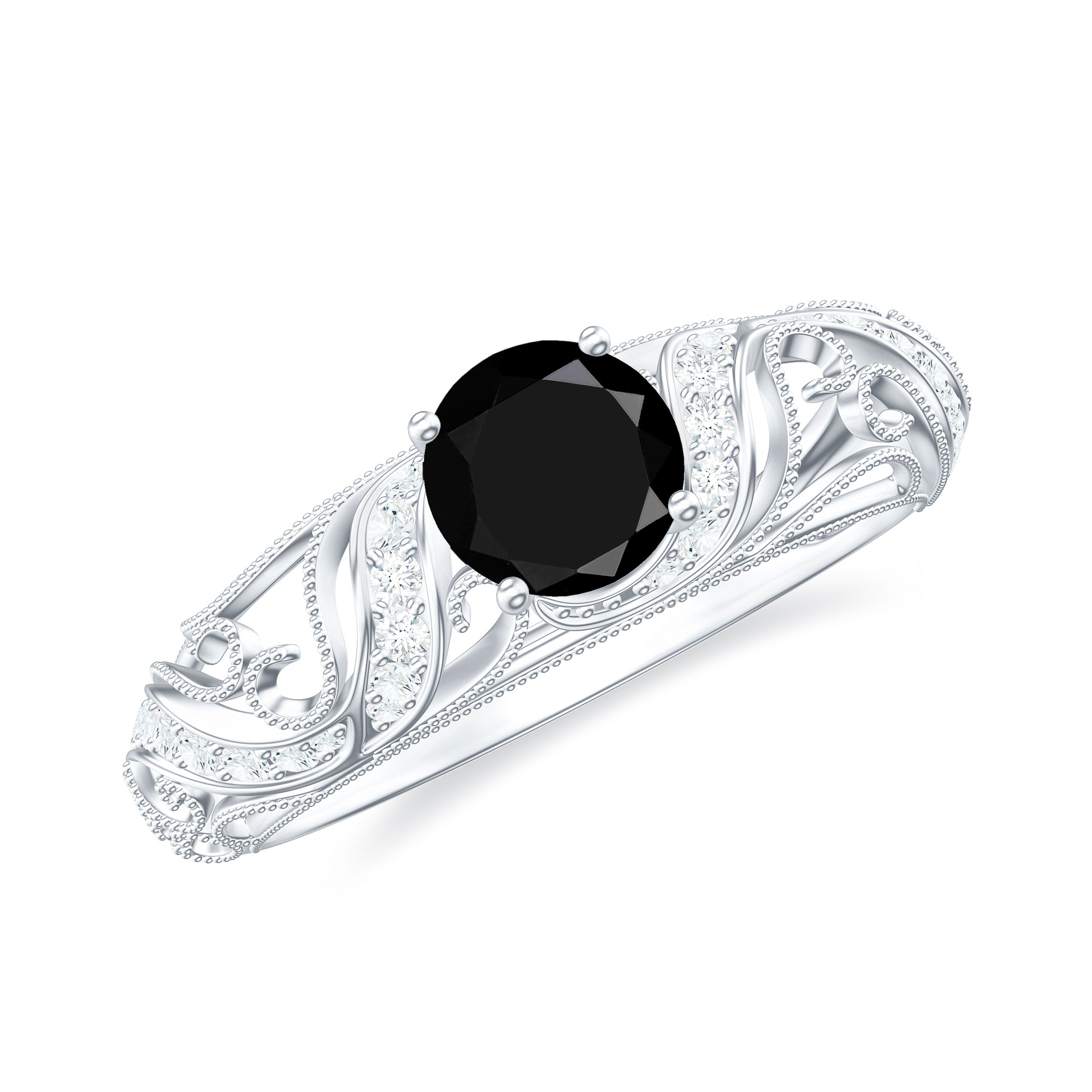 1 CT Vintage Style Created Black Diamond Engagement Ring with Diamond Lab Created Black Diamond - ( AAAA ) - Quality - Rosec Jewels