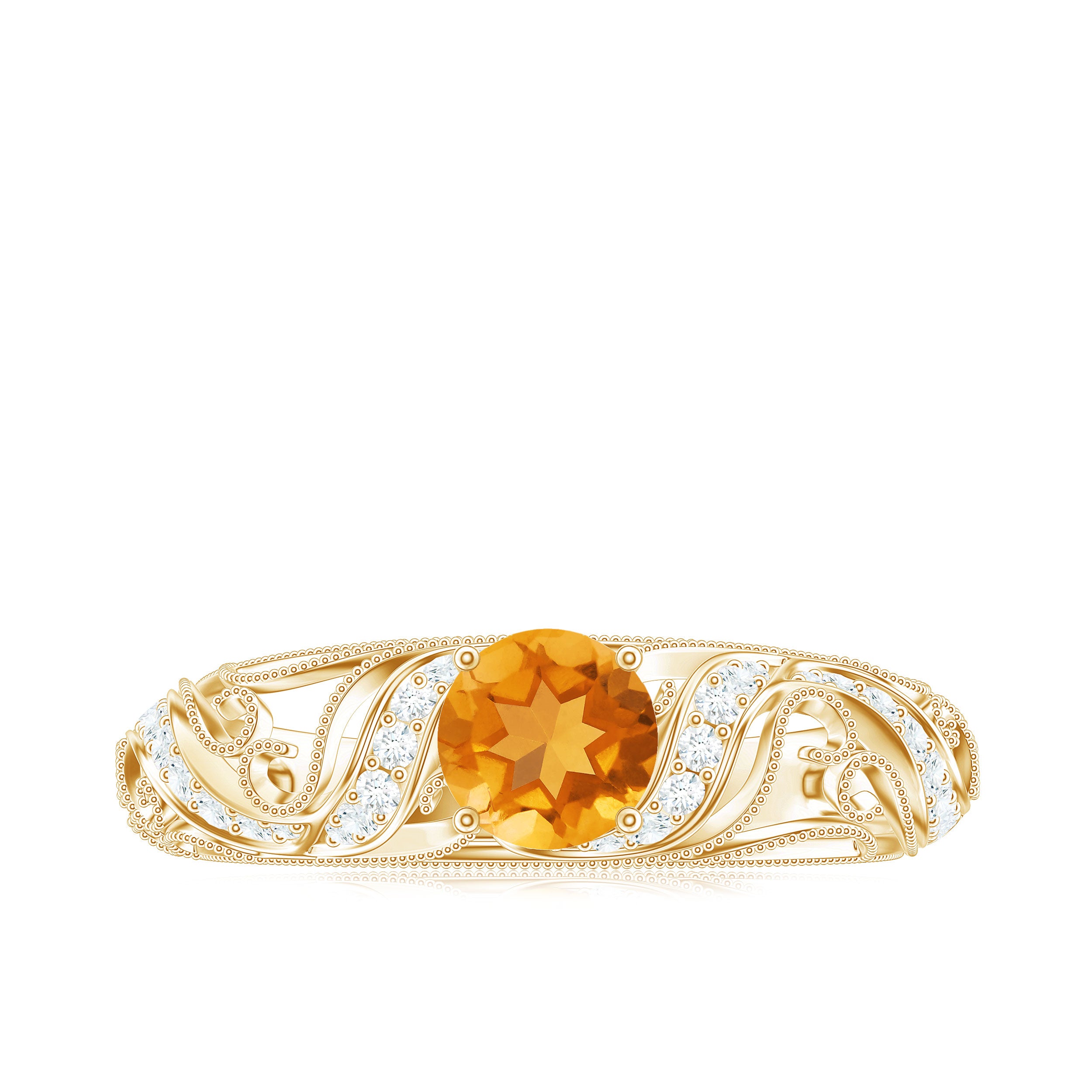 Round Citrine Vintage Inspired Engagement Ring with Diamond Citrine - ( AAA ) - Quality - Rosec Jewels