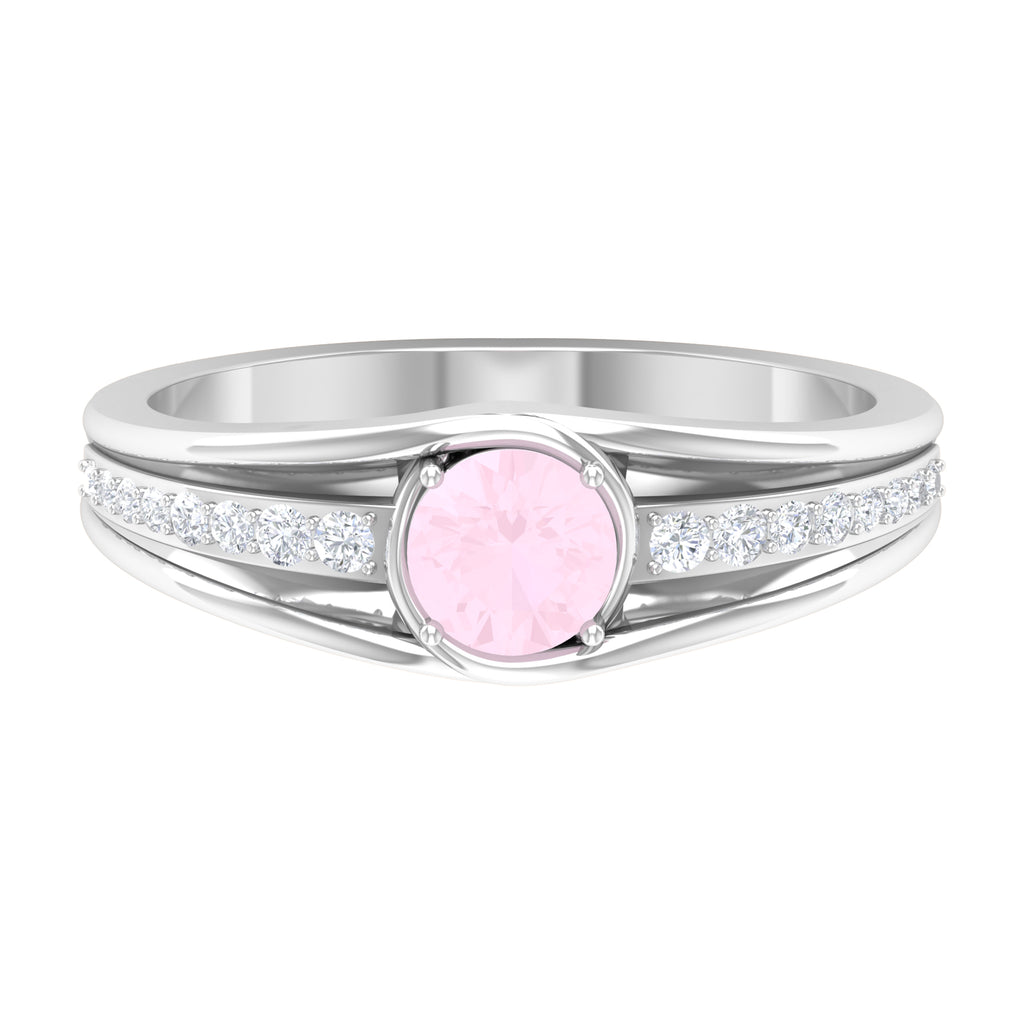 3/4 CT Round Shape Rose Quartz Solitaire Ring with Diamond Side Stones Rose Quartz - ( AAA ) - Quality - Rosec Jewels