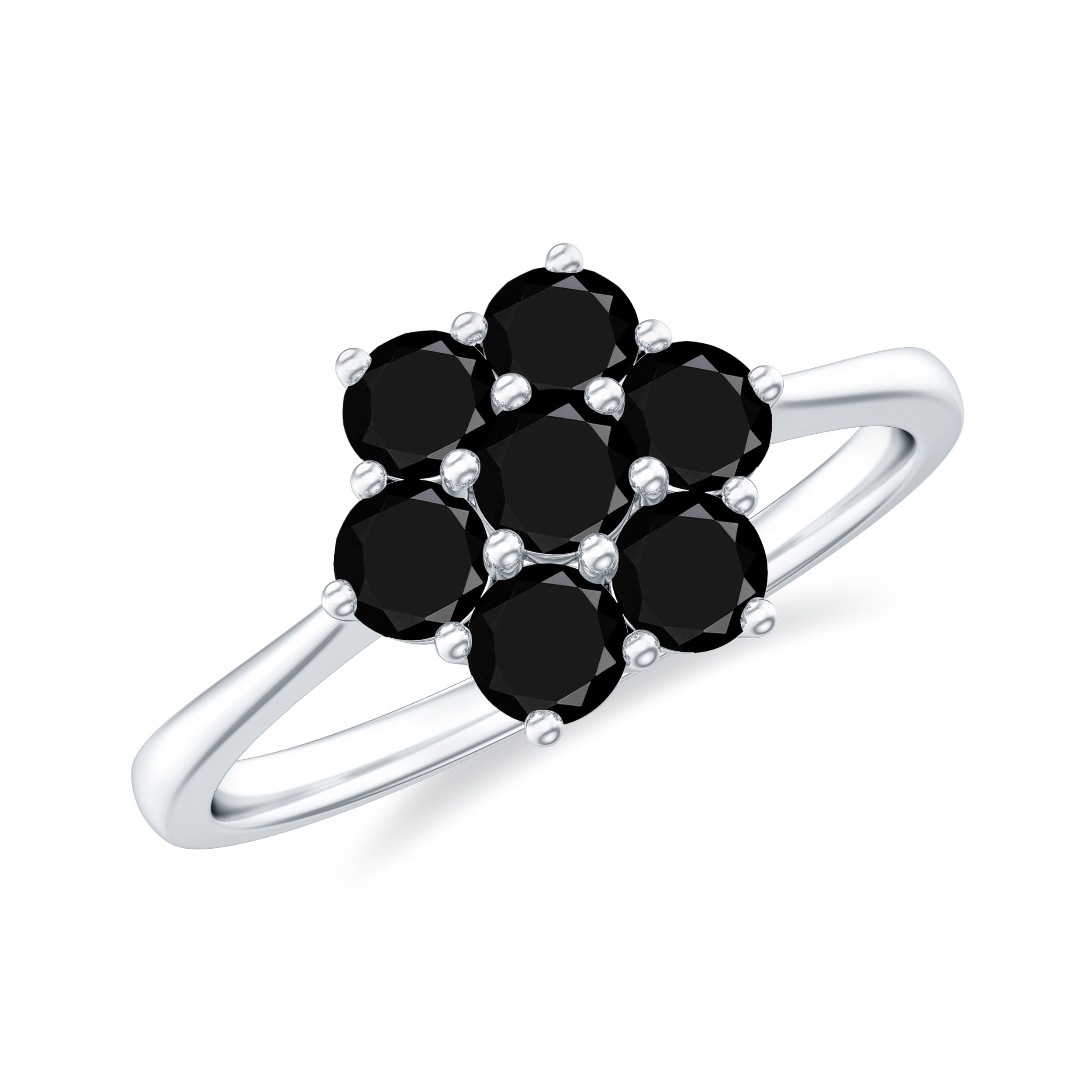Natural Black Diamond Flower Cluster Ring in Prong Setting Black Diamond - ( AAA ) - Quality - Rosec Jewels