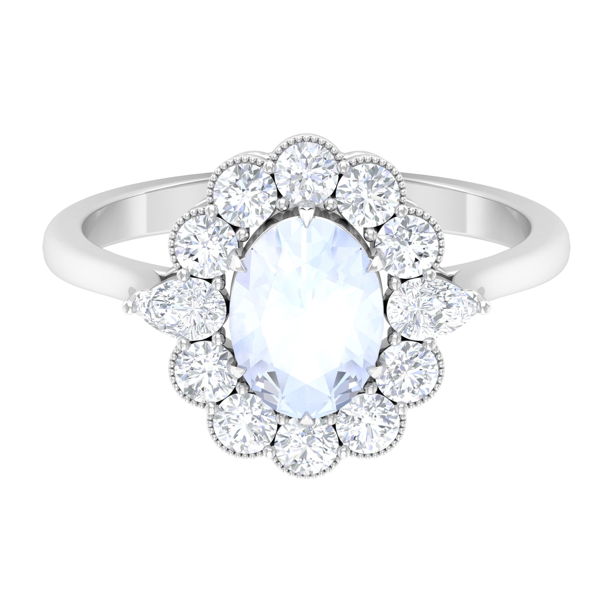 Oval Shape Moonstone Engagement Ring with Moissanite Halo Moonstone - ( AAA ) - Quality - Rosec Jewels