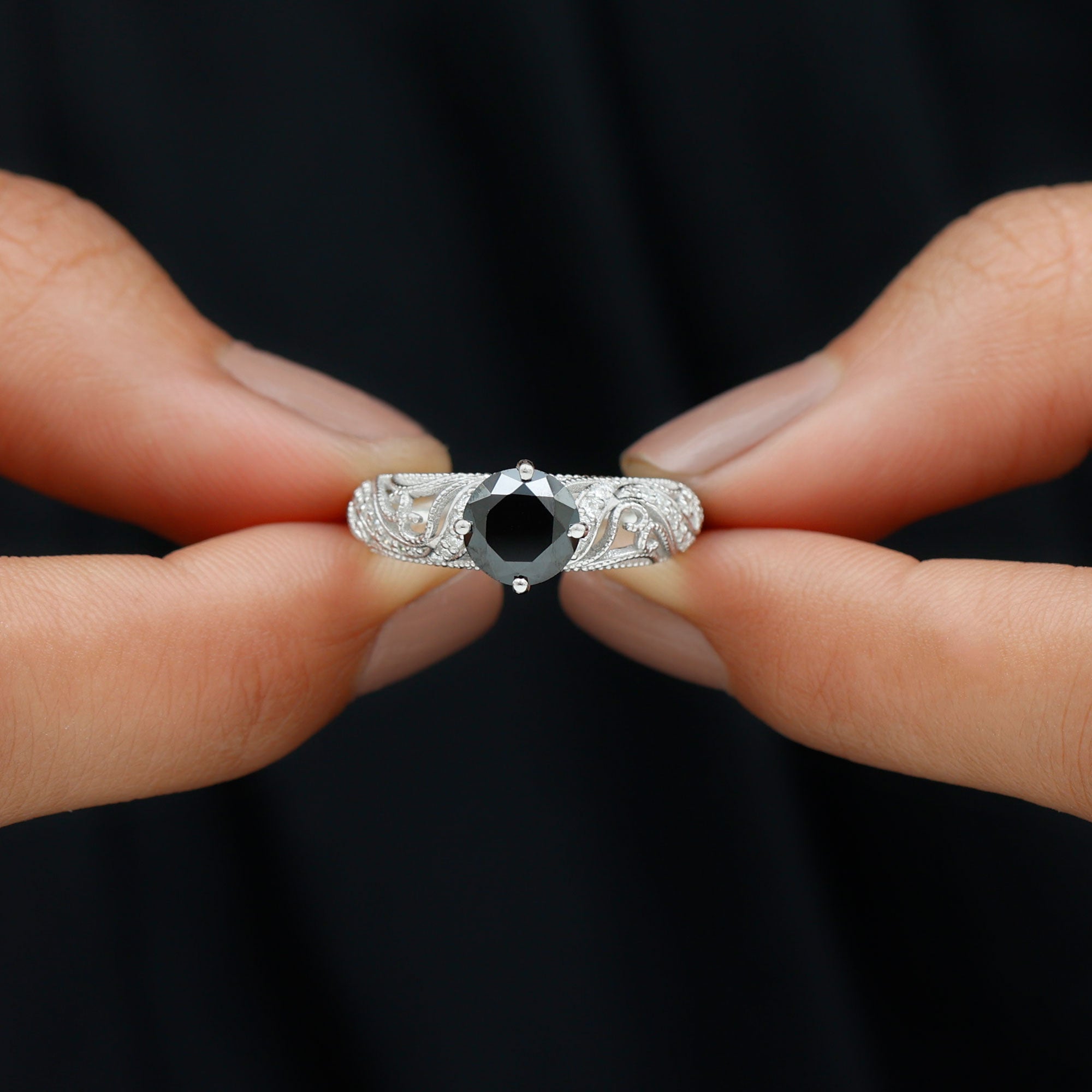 Round Created Black Diamond Vintage Inspired Engagement Ring with Diamond Lab Created Black Diamond - ( AAAA ) - Quality - Rosec Jewels