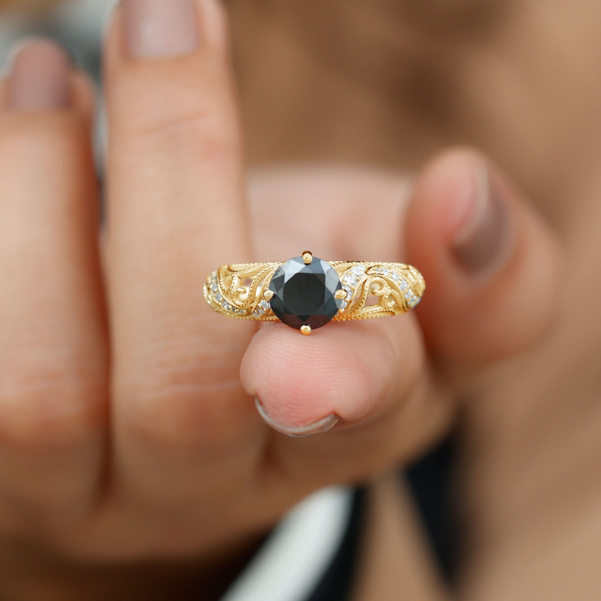 Round Created Black Diamond Vintage Inspired Engagement Ring with Diamond Lab Created Black Diamond - ( AAAA ) - Quality - Rosec Jewels